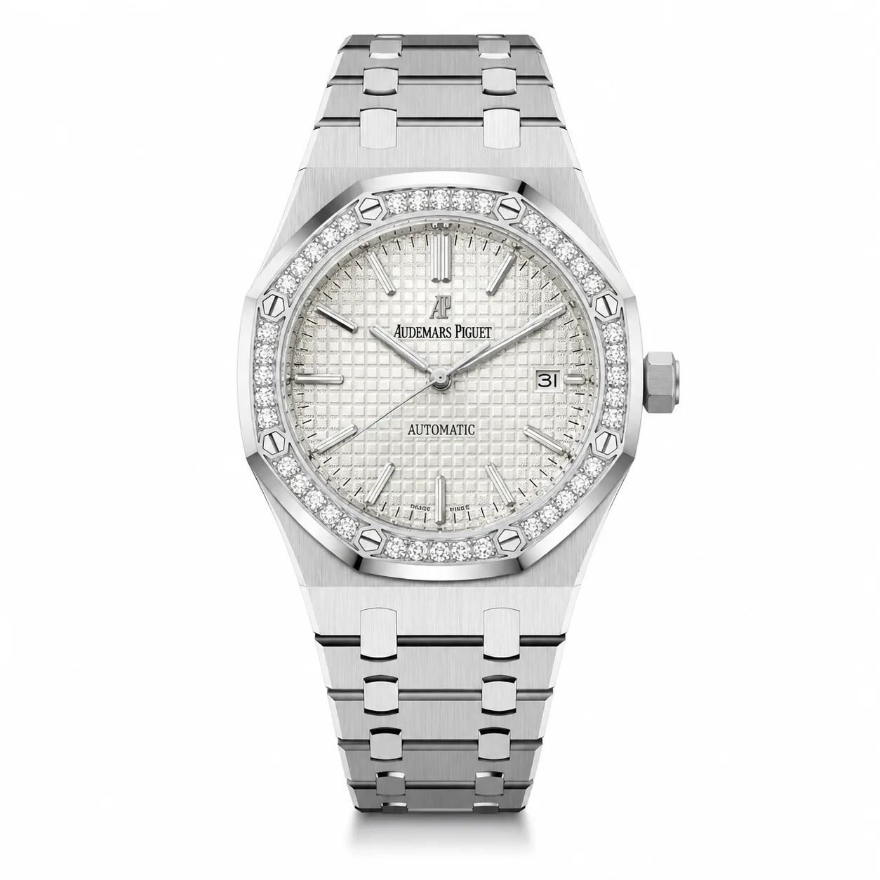 Audemars Piguet Royal Oak 15451ST.ZZ.1256ST.01 Cal.4302 Silver Grande Tapisserie Dial / Diamond Bezel AI 头图 1 - 白底全貌 [ai-shot:full-white]