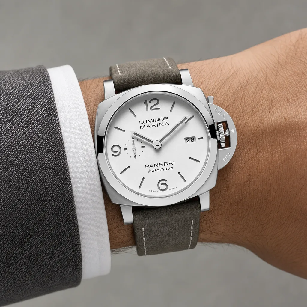 PANERAI 庐米诺系列 (Luminor Marina) PAM01314 Cal.9010 White Dial AI 头图 4 - 佩戴图 [ai-shot:wrist-shot]