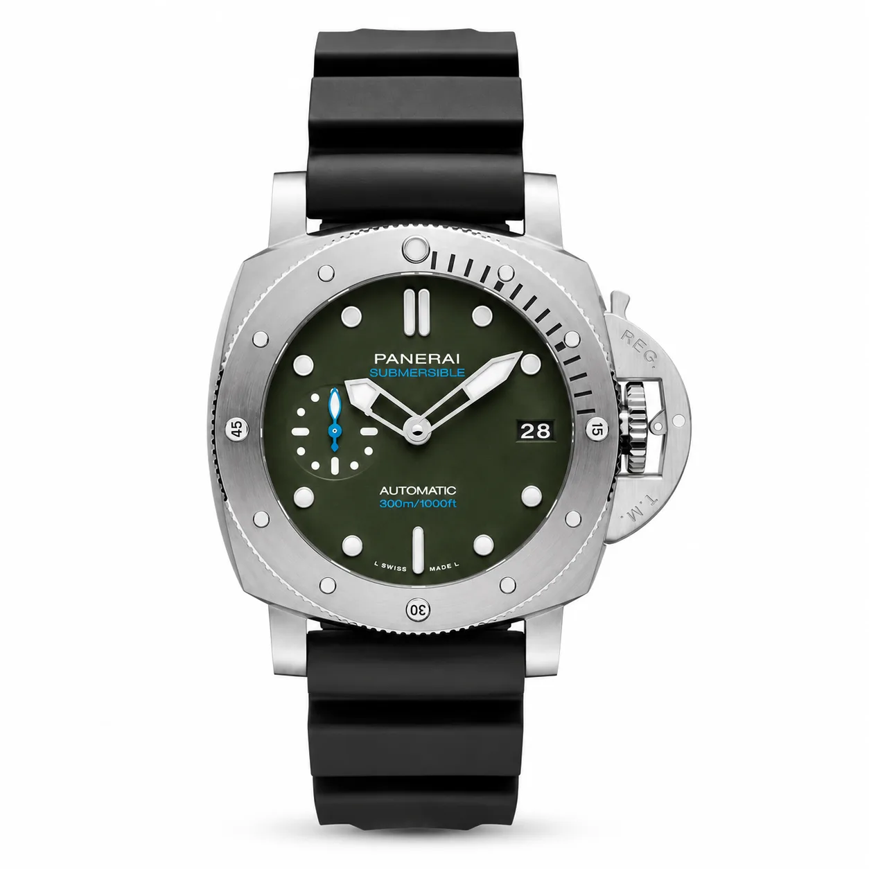 PANERAI 潜行系列 (Submersible) PAM02973 Cal.900 Green Dial Steel Bezel AI 头图 1 - 白底全貌 [ai-shot:full-white]