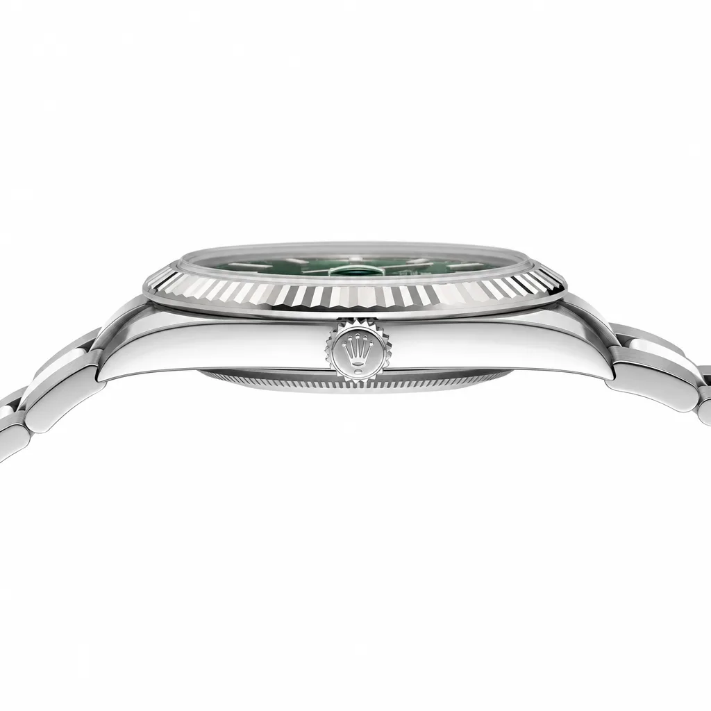 Rolex Datejust m126334-0033 41mm Green Dial White Gold Fluted Bezel 904L Stainless Steel and 18K White Gold AI 头图 2 - 侧面细节 [ai-shot:side-detail]