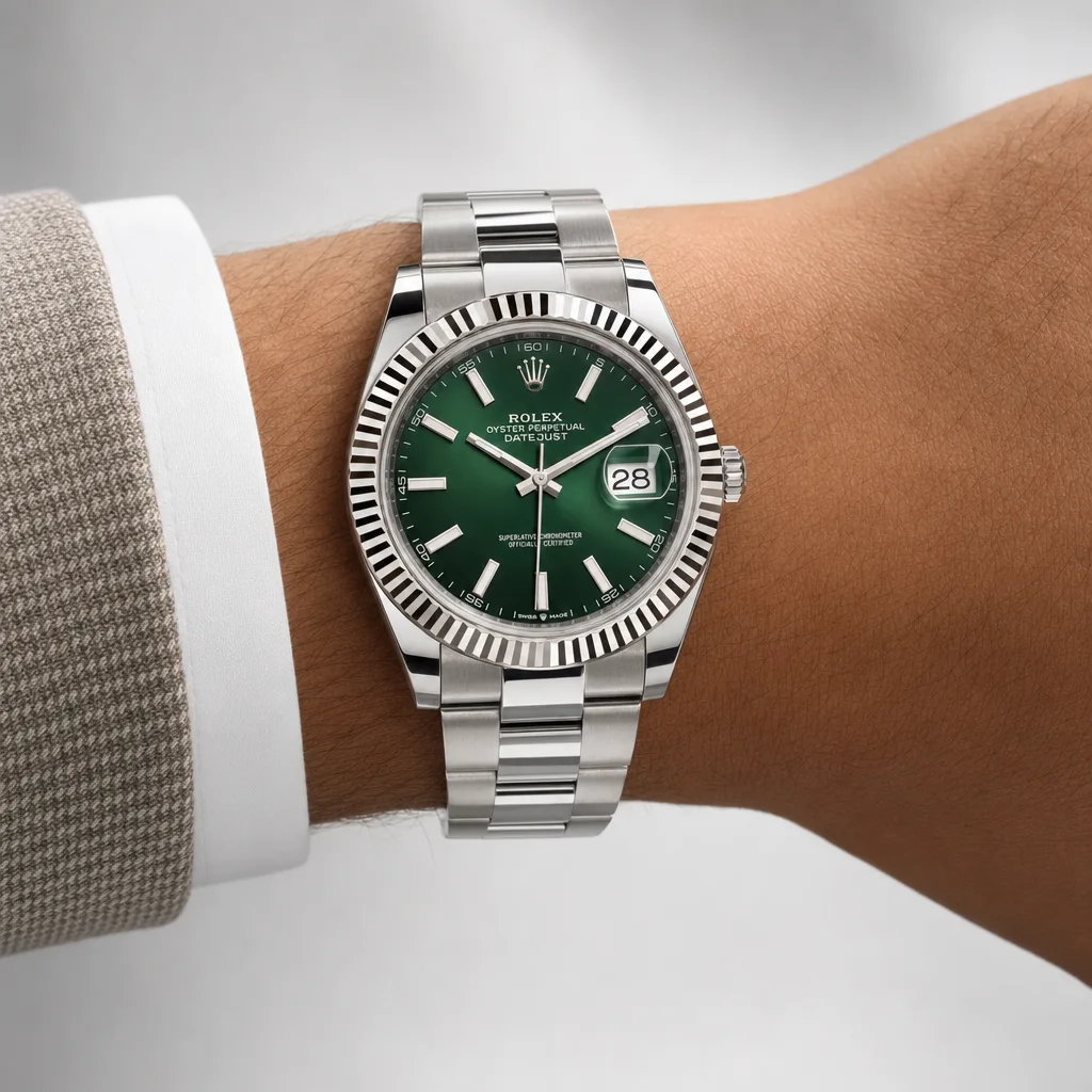 Rolex Datejust m126334-0033 41mm Green Dial White Gold Fluted Bezel 904L Stainless Steel and 18K White Gold AI 头图 4 - 佩戴图 [ai-shot:wrist-shot]