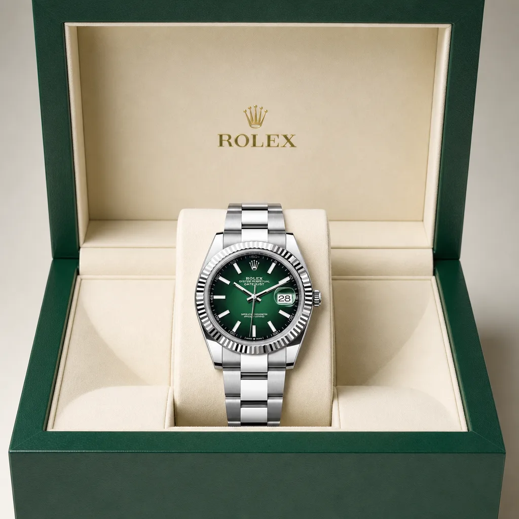 Rolex Datejust m126334-0033 41mm Green Dial White Gold Fluted Bezel 904L Stainless Steel and 18K White Gold AI 头图 5 - 包装盒 [ai-shot:box-shot]