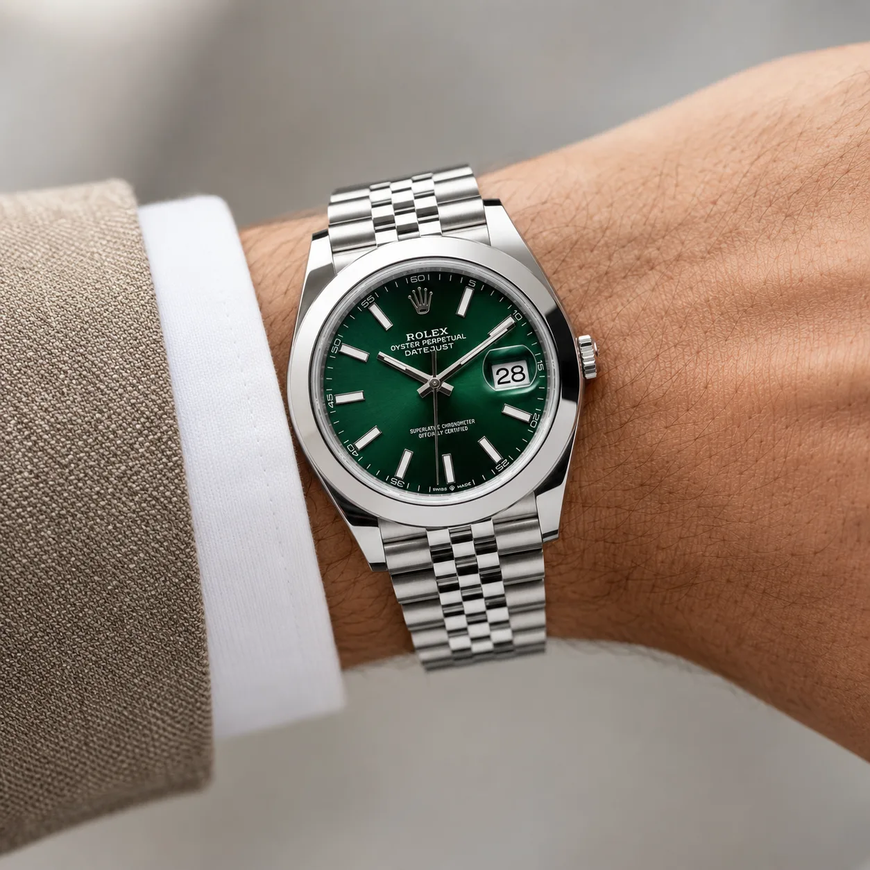 Rolex Datejust m126300-0026 41mm Green Dial Smooth Bezel AI 头图 4 - 佩戴图 [ai-shot:wrist-shot]