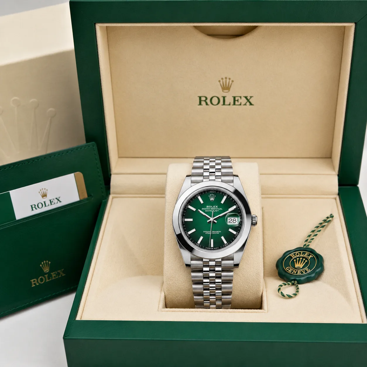 Rolex Datejust m126300-0026 41mm Green Dial Smooth Bezel AI 头图 5 - 包装盒 [ai-shot:box-shot]