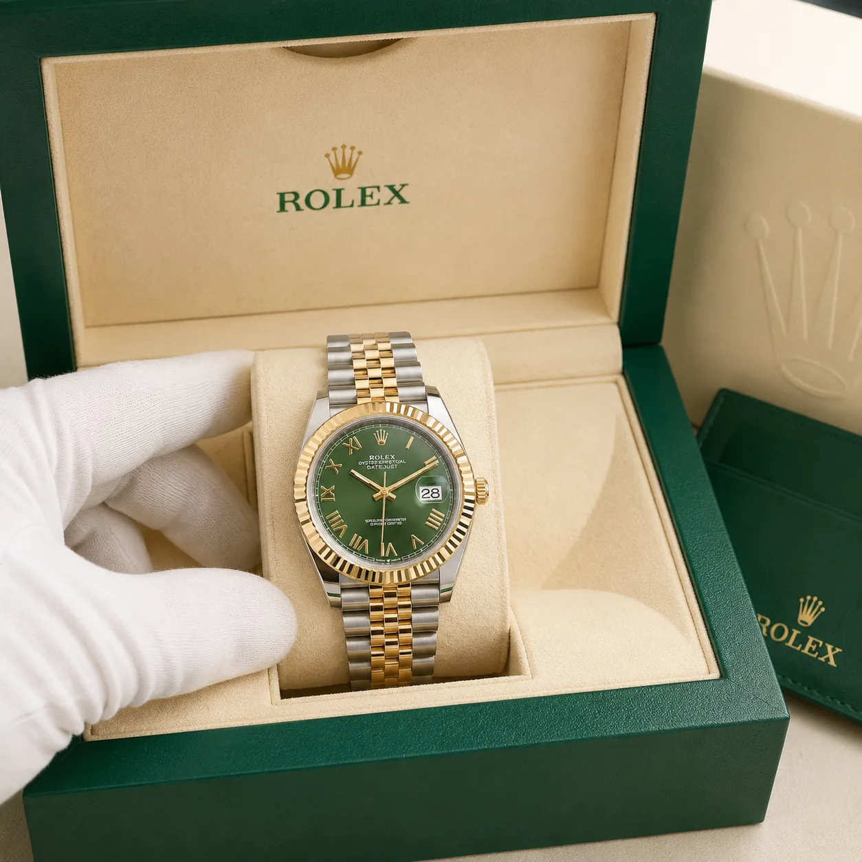 Rolex Datejust m126233-0024 41mm Green Dial Yellow Gold Fluted Bezel 904L Stainless Steel and 18K Yellow Gold AI 头图 5 - 包装盒 [ai-shot:box-shot]