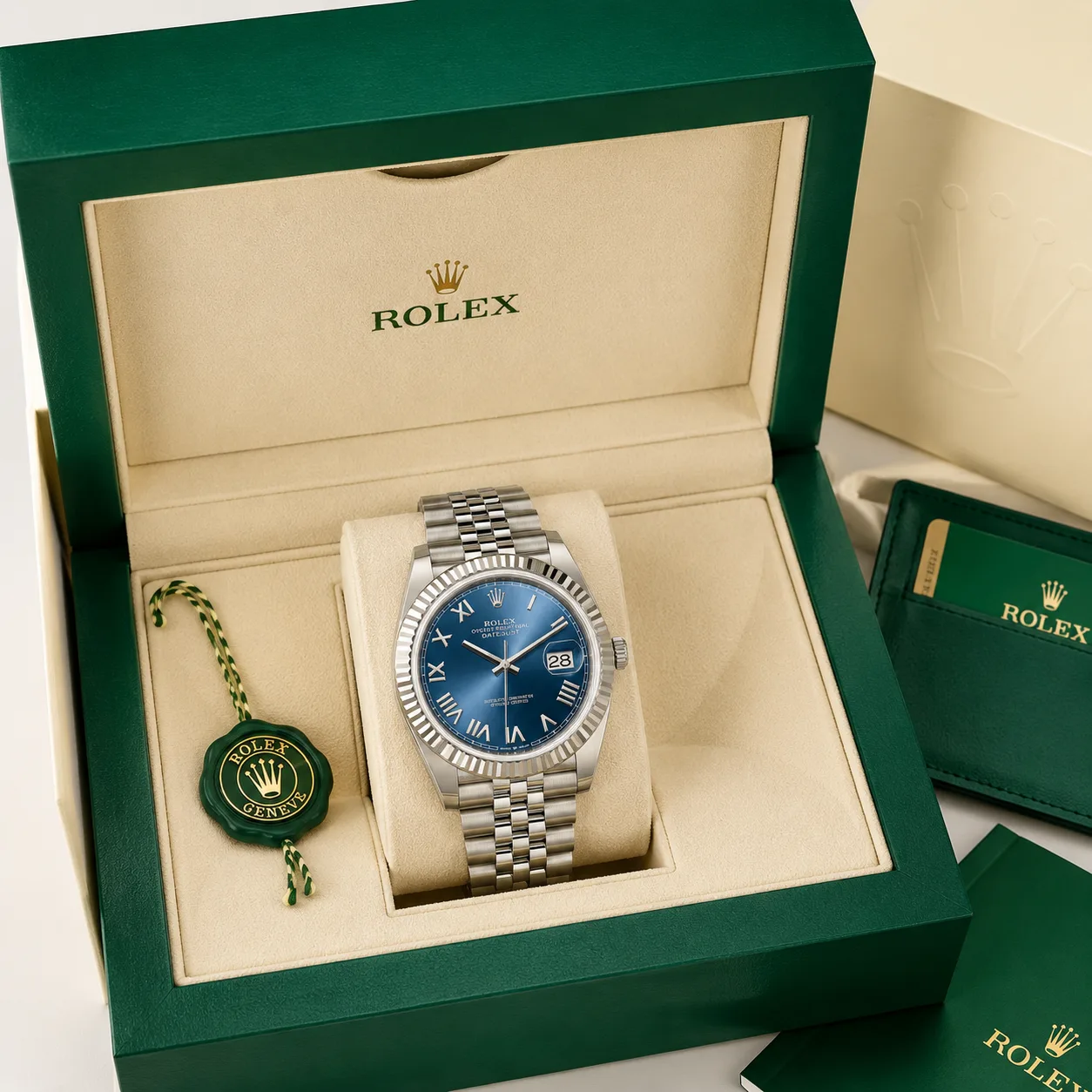 Rolex Datejust m126334-0038 41mm Blue Dial White Gold Fluted Bezel 904L Stainless Steel and 18K White Gold AI 头图 5 - 包装盒 [ai-shot:box-shot]