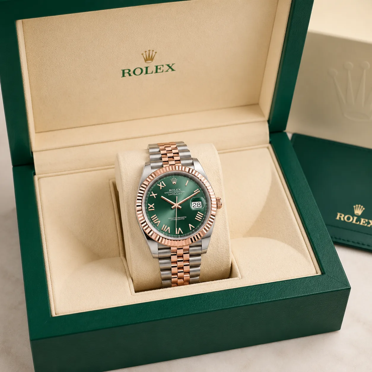 Rolex Datejust m126331-0022 41mm Cal.3235 904L Stainless Steel and 18K Everose Gold AI 头图 5 - 包装盒 [ai-shot:box-shot]