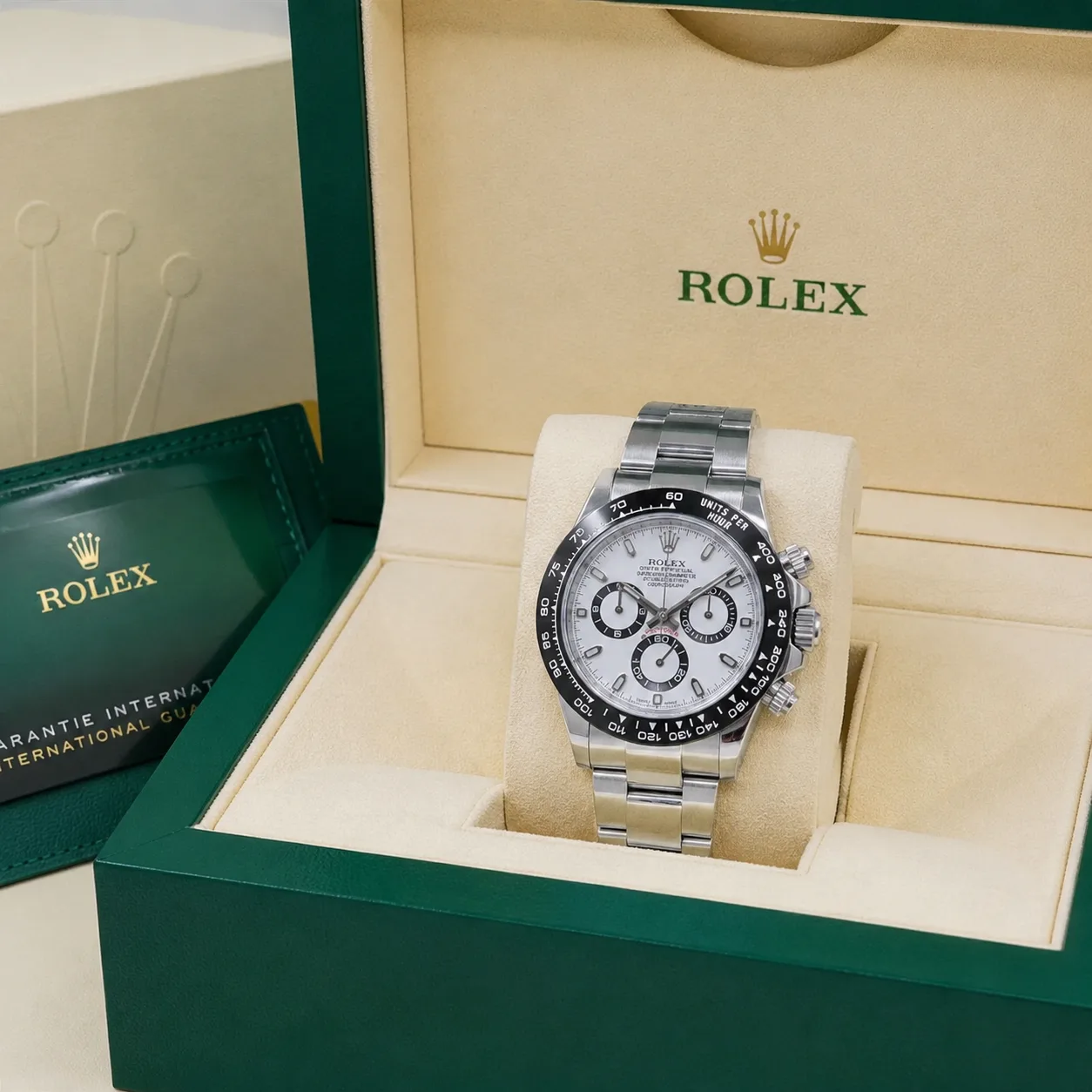 Rolex Cosmograph Daytona M126500LN-0001 Cal.4130 White Dial Black Bezel AI 头图 5 - 包装盒 [ai-shot:box-shot]