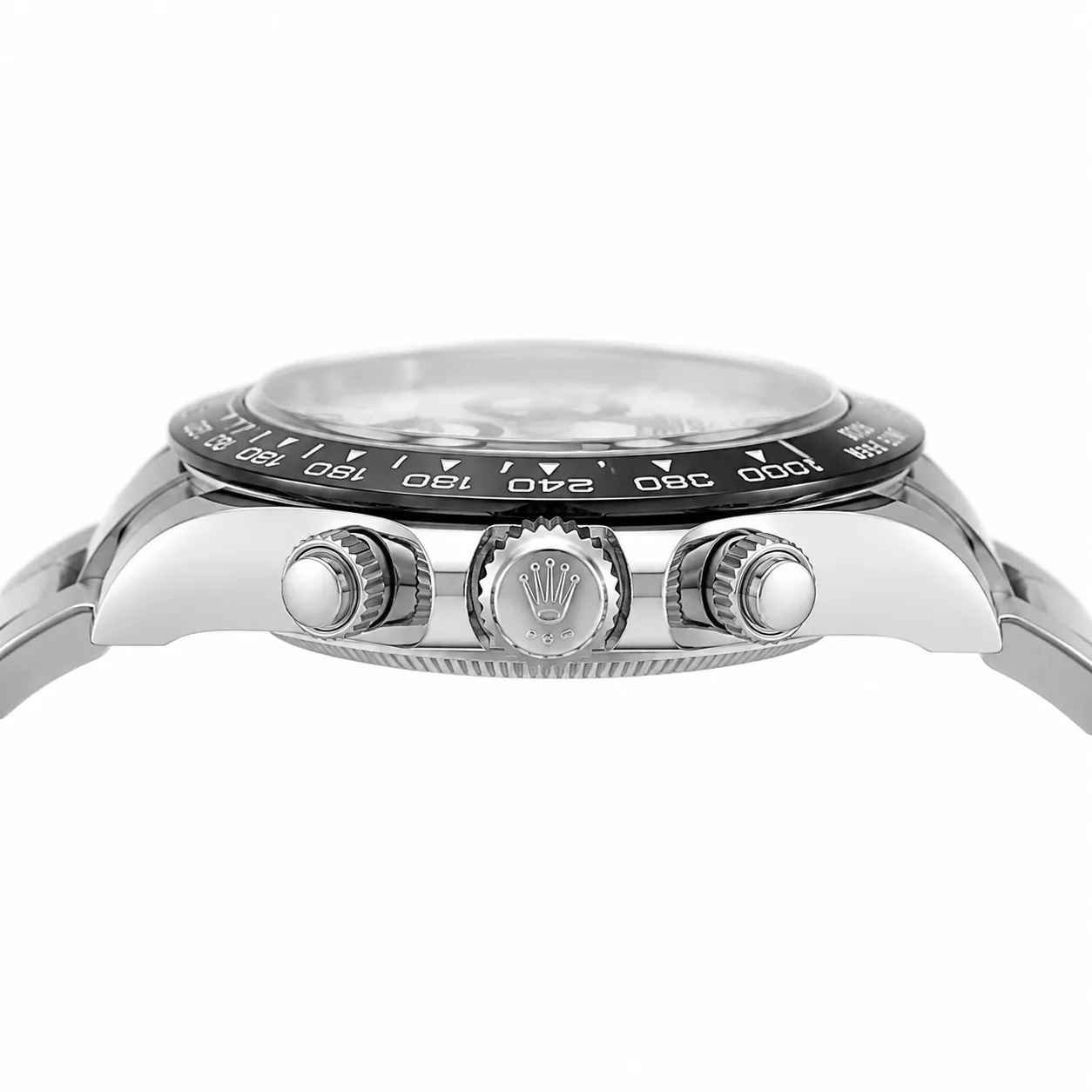 Rolex Cosmograph Daytona M126500LN-0001 Cal.4130 White Dial Black Bezel AI 头图 2 - 侧面细节 [ai-shot:side-detail]