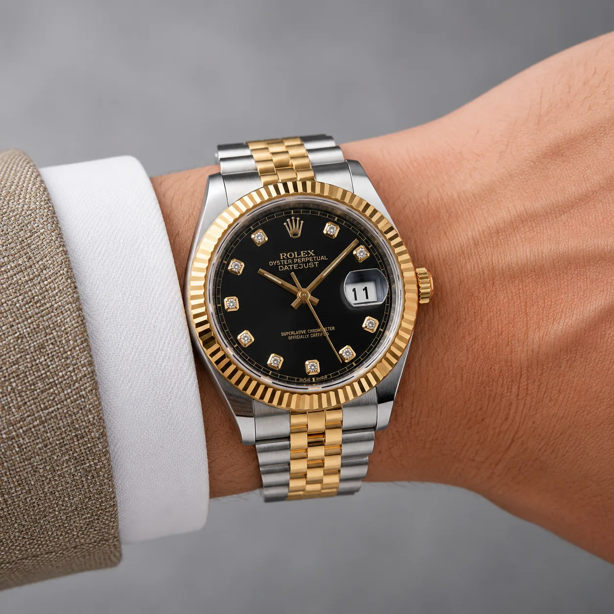 Rolex Datejust M126333-0006 Cal.3235 Black Dial Fluted Bezel Two Tone AI 头图 4 - 佩戴图 [ai-shot:wrist-shot]