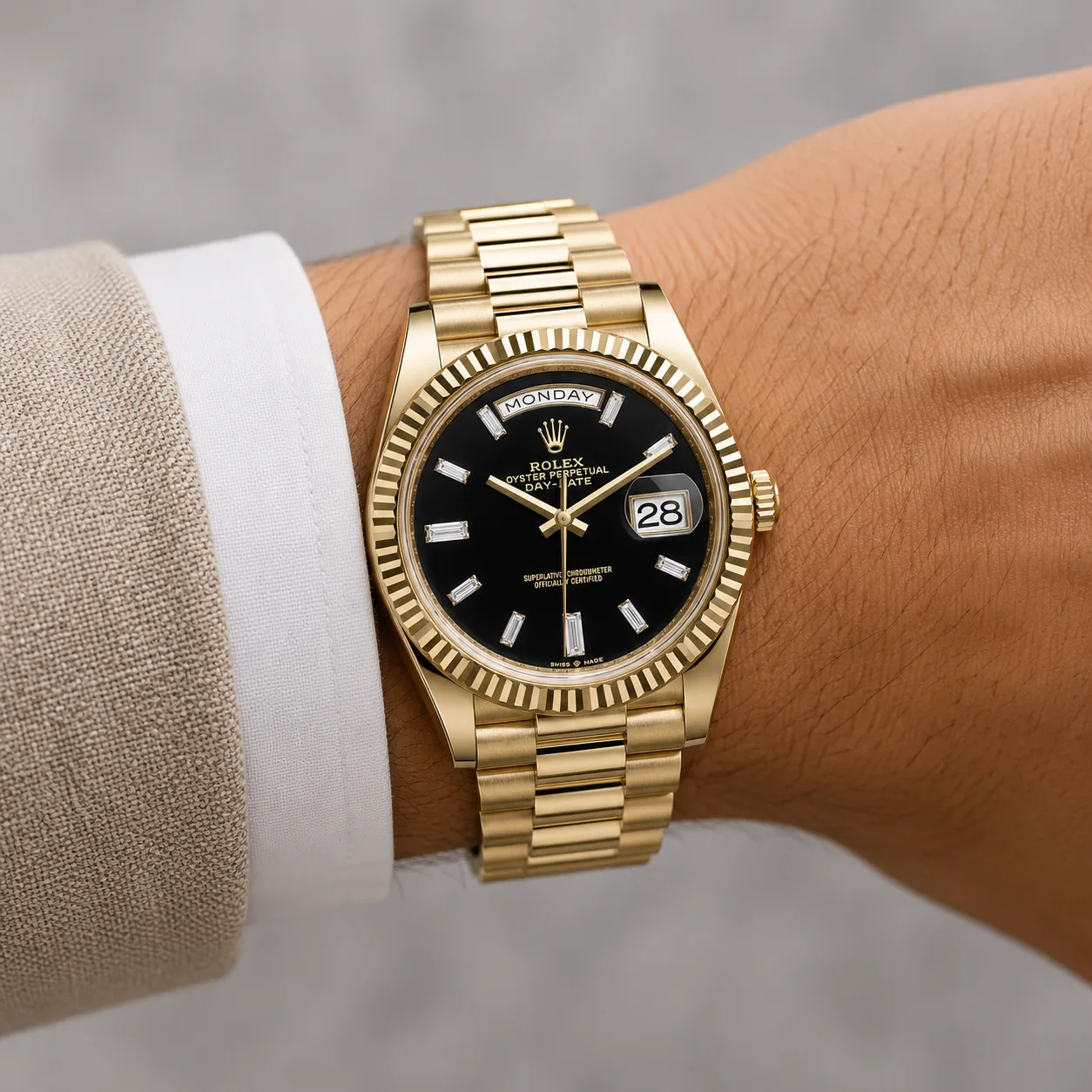 Rolex Day-Date m228238-0059 40mm Cal.3255 / 18K 18K Yellow Gold AI 头图 4 - 佩戴图 [ai-shot:wrist-shot]