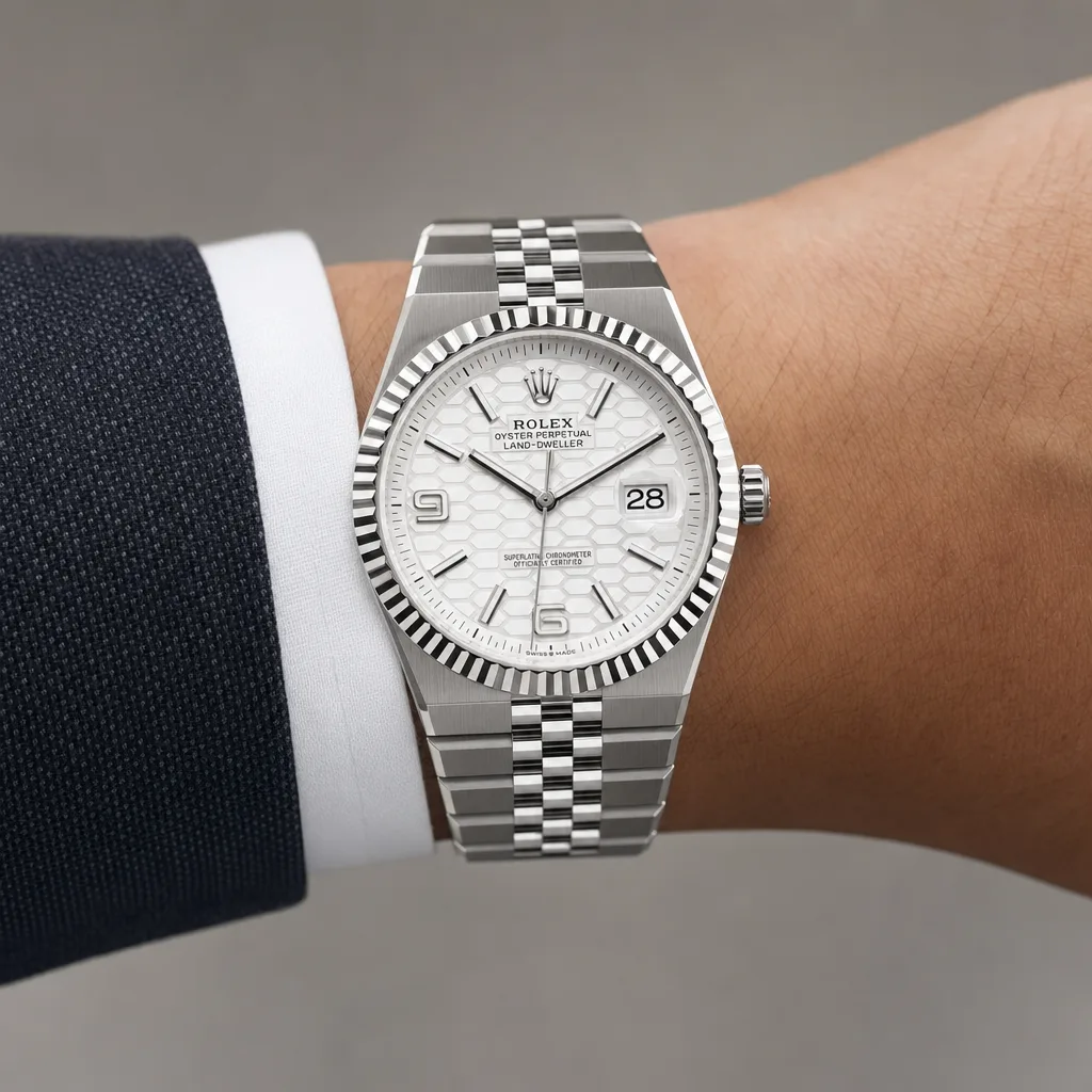Rolex Land-Dweller M127334-0001 40mm Cal.7135 904L Stainless Steel and 18K White Gold AI 头图 4 - 佩戴图 [ai-shot:wrist-shot]