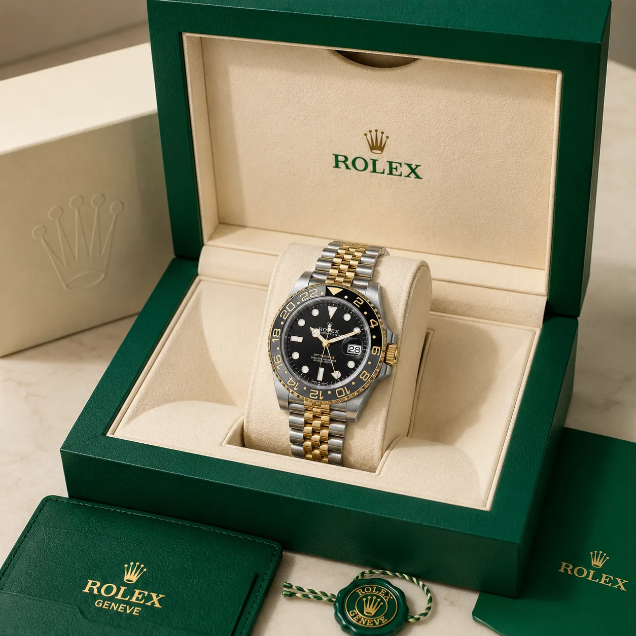 Rolex GMT-Master II m126713grnr-0001 40mm Cal.3285 / Cerachrom 904L Stainless Steel and 18K Yellow Gold AI 头图 5 - 包装盒 [ai-shot:box-shot]