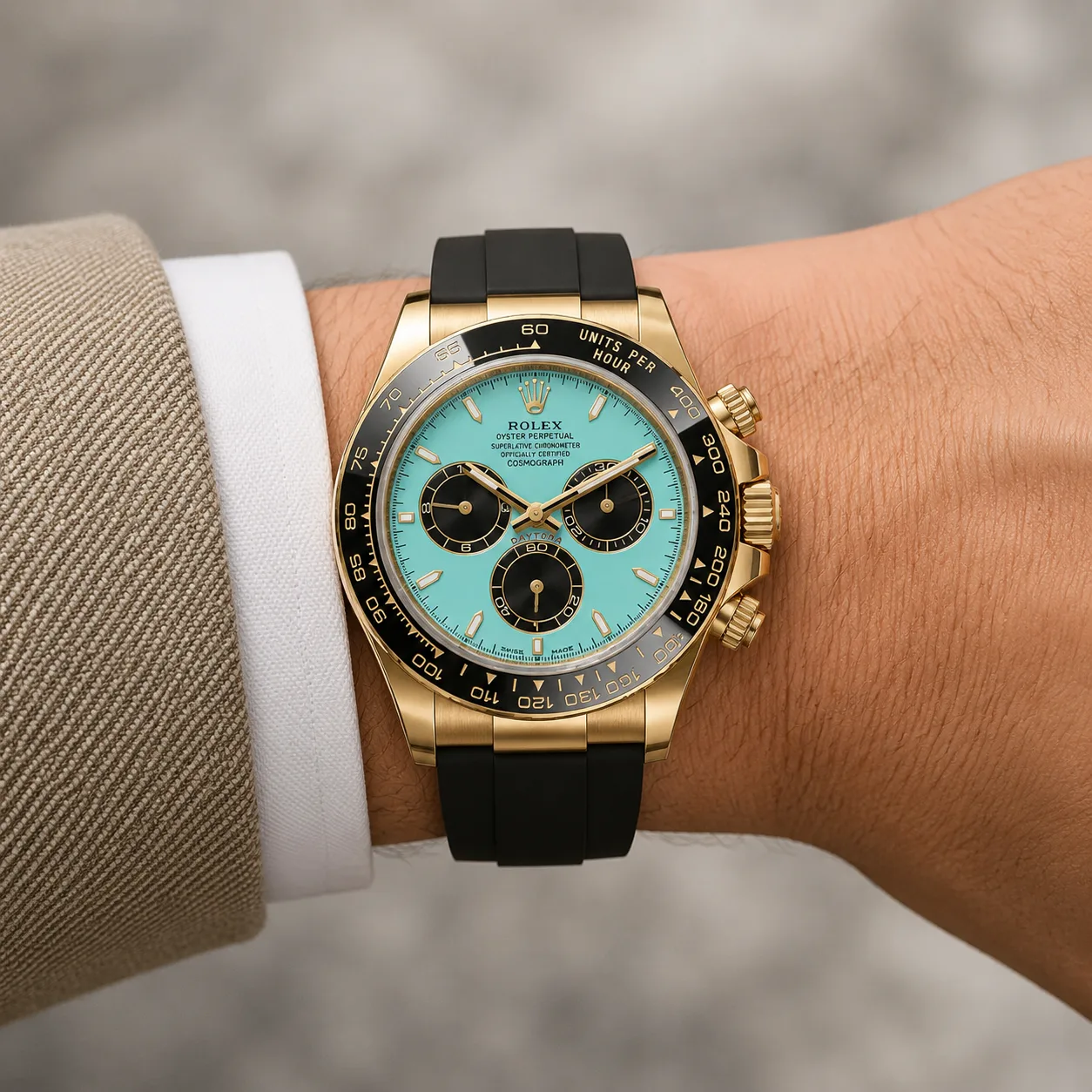 Rolex Cosmograph Daytona M126518LN-0014 40mm Cal.4131 / Cerachrom 18K Yellow Gold AI 头图 4 - 佩戴图 [ai-shot:wrist-shot]