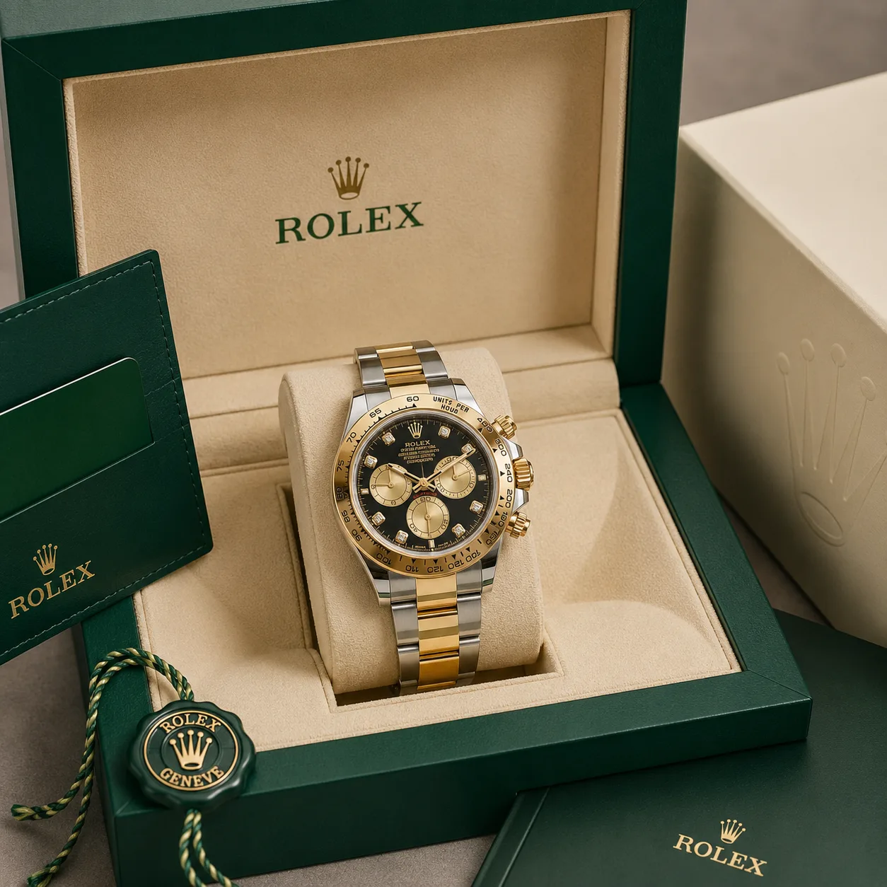 Rolex Cosmograph Daytona m126503-0002 40mm Cal.4131 / 18K 904L Stainless Steel and 18K Yellow Gold AI 头图 5 - 包装盒 [ai-shot:box-shot]