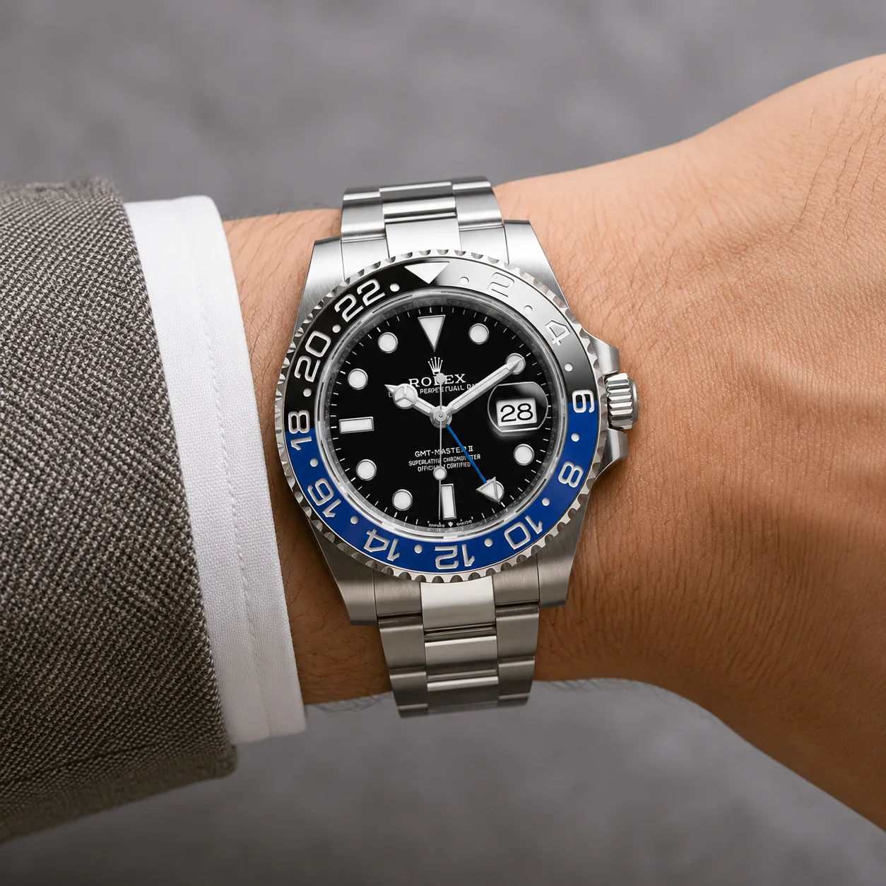 Rolex GMT-Master II m126710blnr-0003 40mm Cal.3285 / Cerachrom 904L Stainless Steel AI 头图 4 - 佩戴图 [ai-shot:wrist-shot]