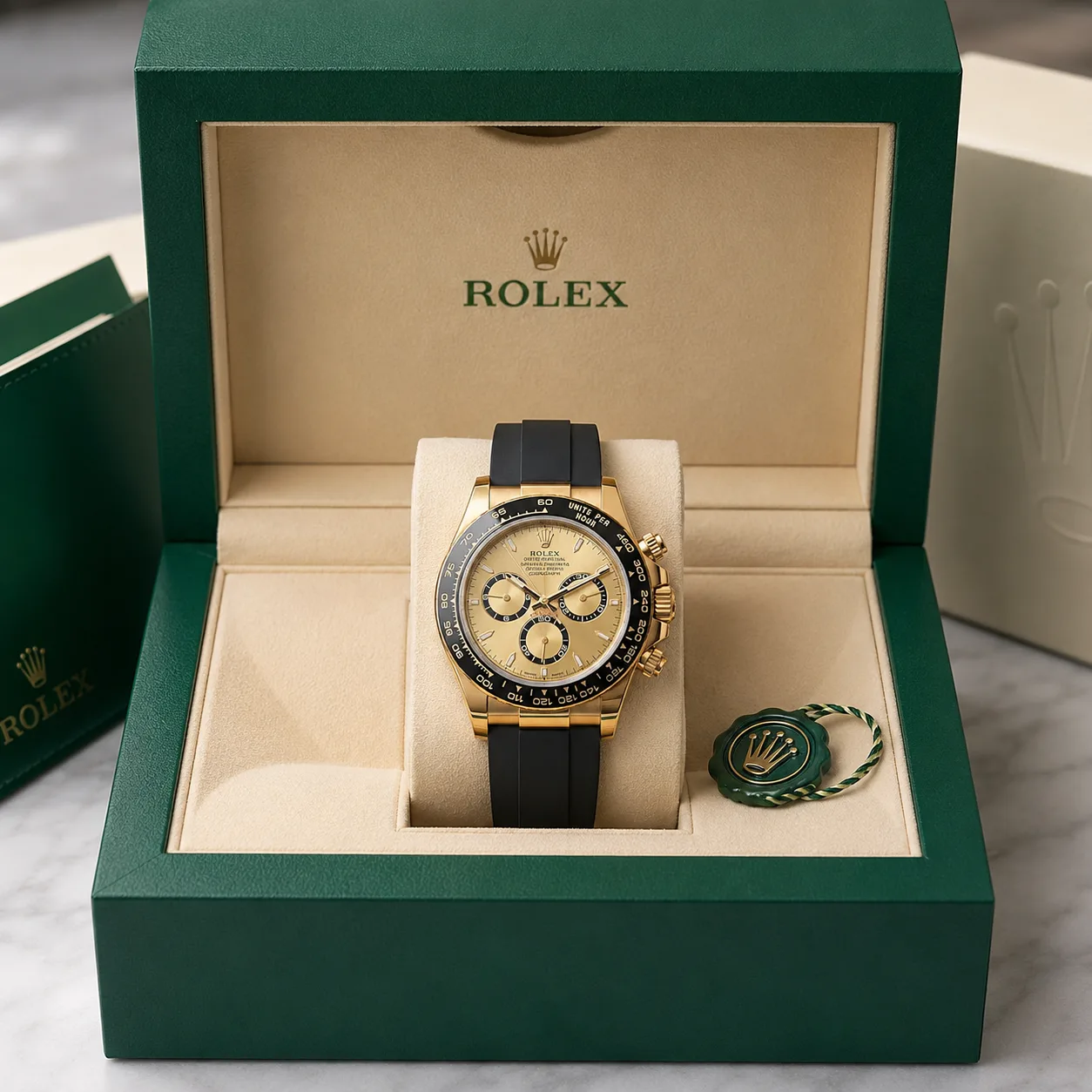 Rolex Cosmograph Daytona m126518ln-0010 40mm Cal.4131 / Cerachrom 18K Yellow Gold AI 头图 5 - 包装盒 [ai-shot:box-shot]