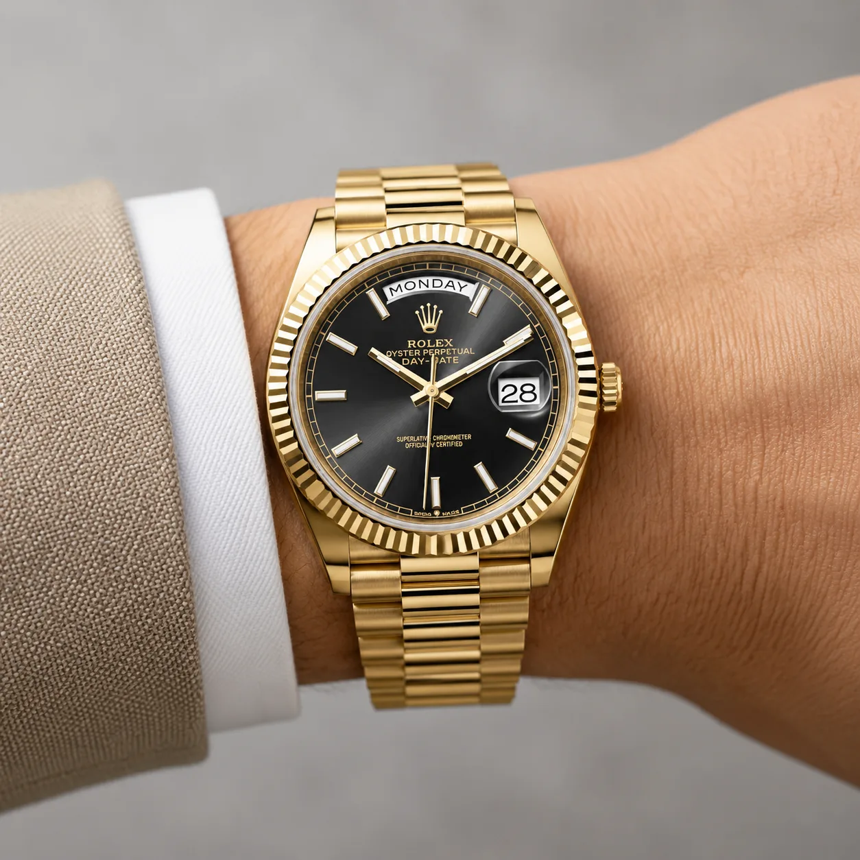 Rolex Day-Date m228238-0067 40mm Cal.3255 / 18K 18K Yellow Gold AI 头图 4 - 佩戴图 [ai-shot:wrist-shot]