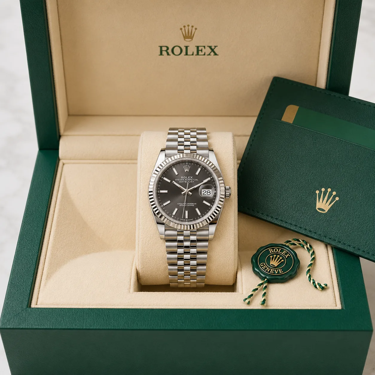 Rolex Datejust m126234-0015 36mm Cal.3235 / 18K 904L Stainless Steel and 18K White Gold AI 头图 5 - 包装盒 [ai-shot:box-shot]