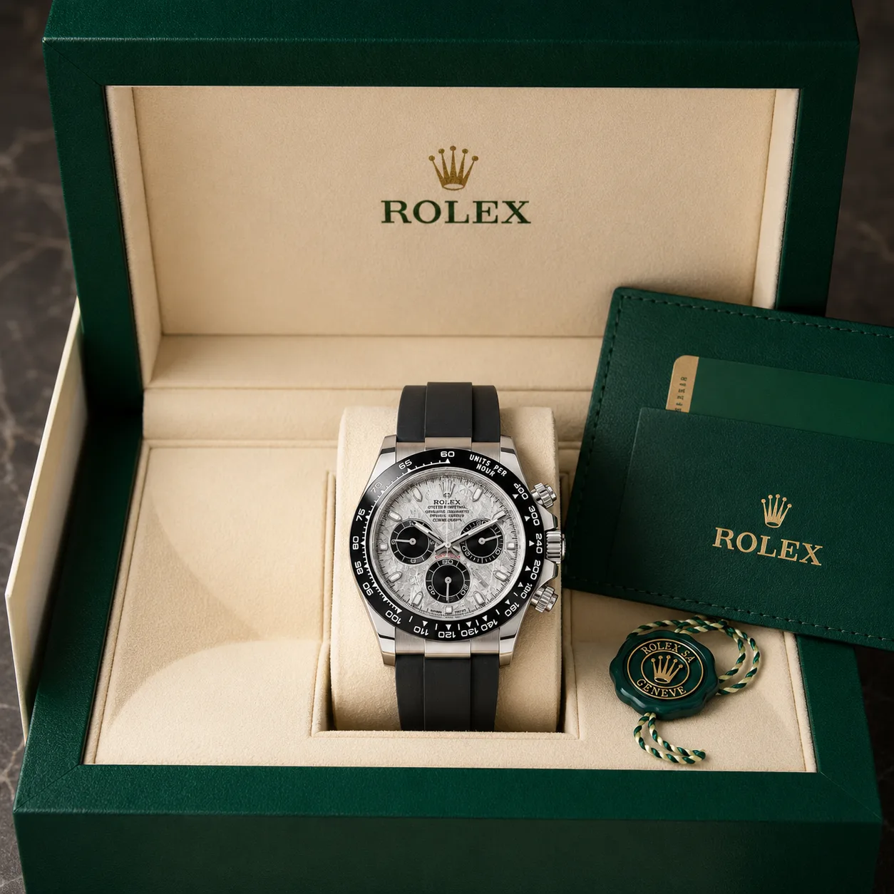 Rolex Cosmograph Daytona M116519LN-0038 40mm Cal.4130 / Cerachrom 18K White Gold AI 头图 5 - 包装盒 [ai-shot:box-shot]