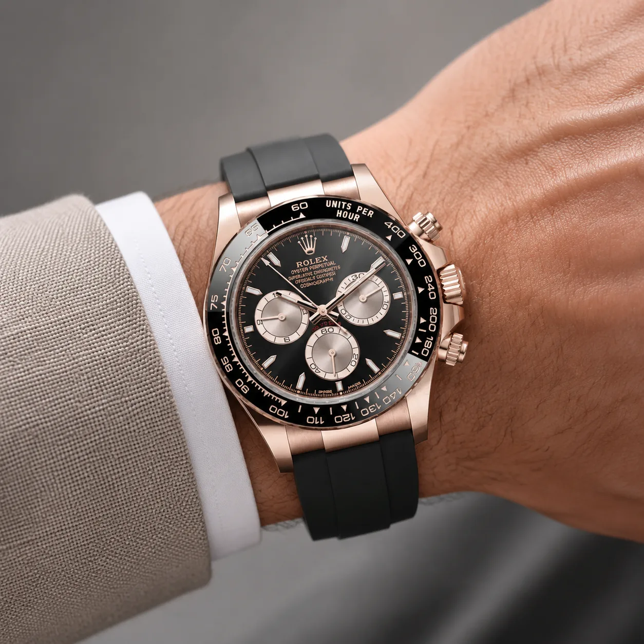 Rolex Cosmograph Daytona m126515ln-0002 40mm Cal.4131 / Cerachrom 18K Everose Gold AI 头图 4 - 佩戴图 [ai-shot:wrist-shot]