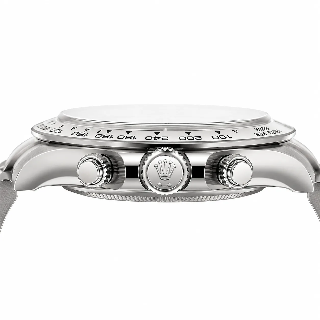 Rolex Cosmograph Daytona m126509-0003 40mm Cal.4131 / 18K 904L Stainless Steel and 18K White Gold AI 头图 2 - 侧面细节 [ai-shot:side-detail]