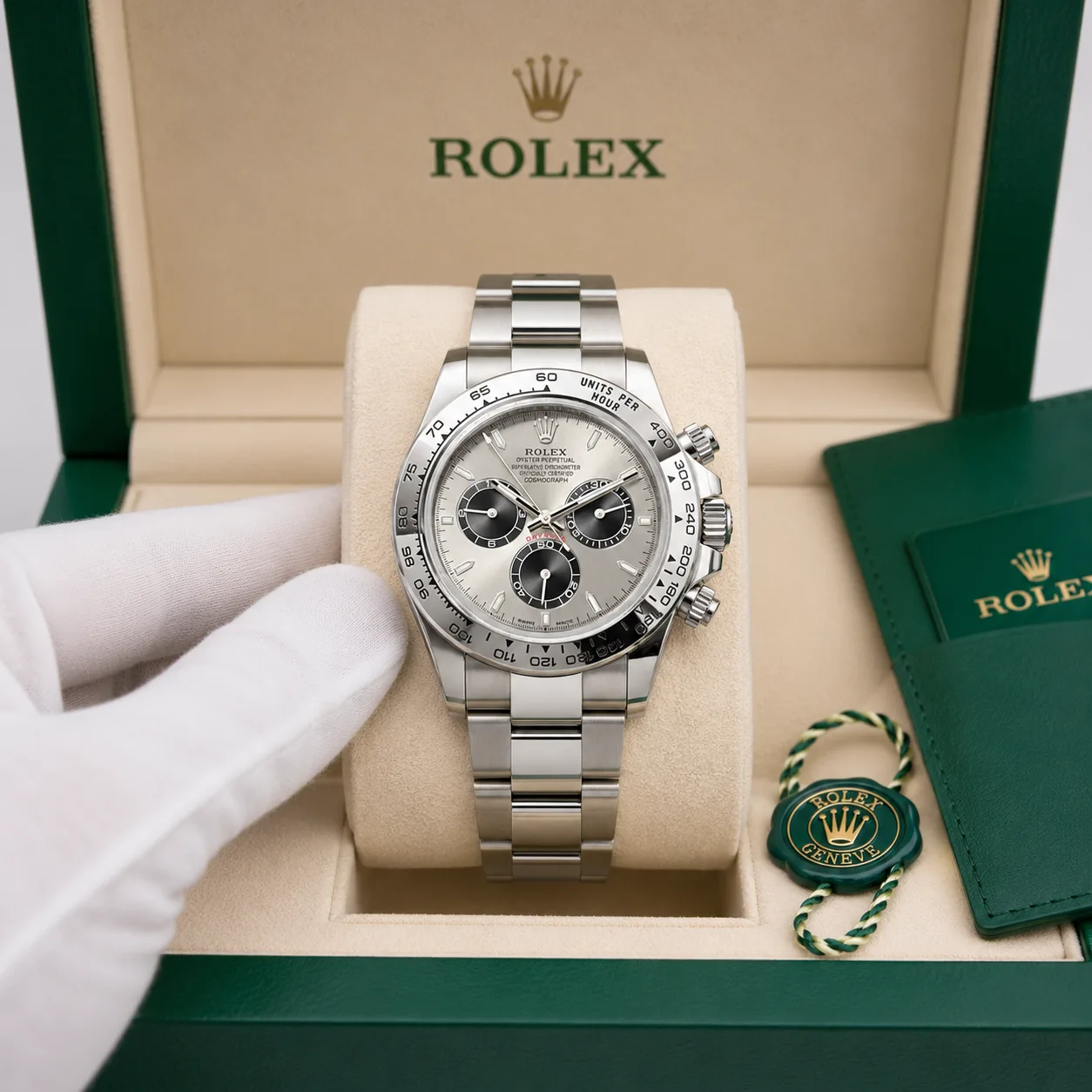 Rolex Cosmograph Daytona m126509-0003 40mm Cal.4131 / 18K 904L Stainless Steel and 18K White Gold AI 头图 5 - 包装盒 [ai-shot:box-shot]
