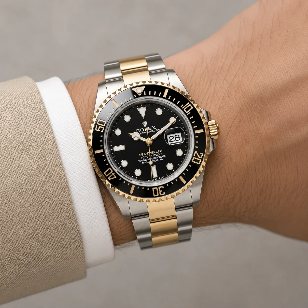 Rolex Sea-Dweller m126603-0001 43mm Cal.3235 / Cerachrom 904L Stainless Steel and 18K Yellow Gold AI 头图 4 - 佩戴图 [ai-shot:wrist-shot]