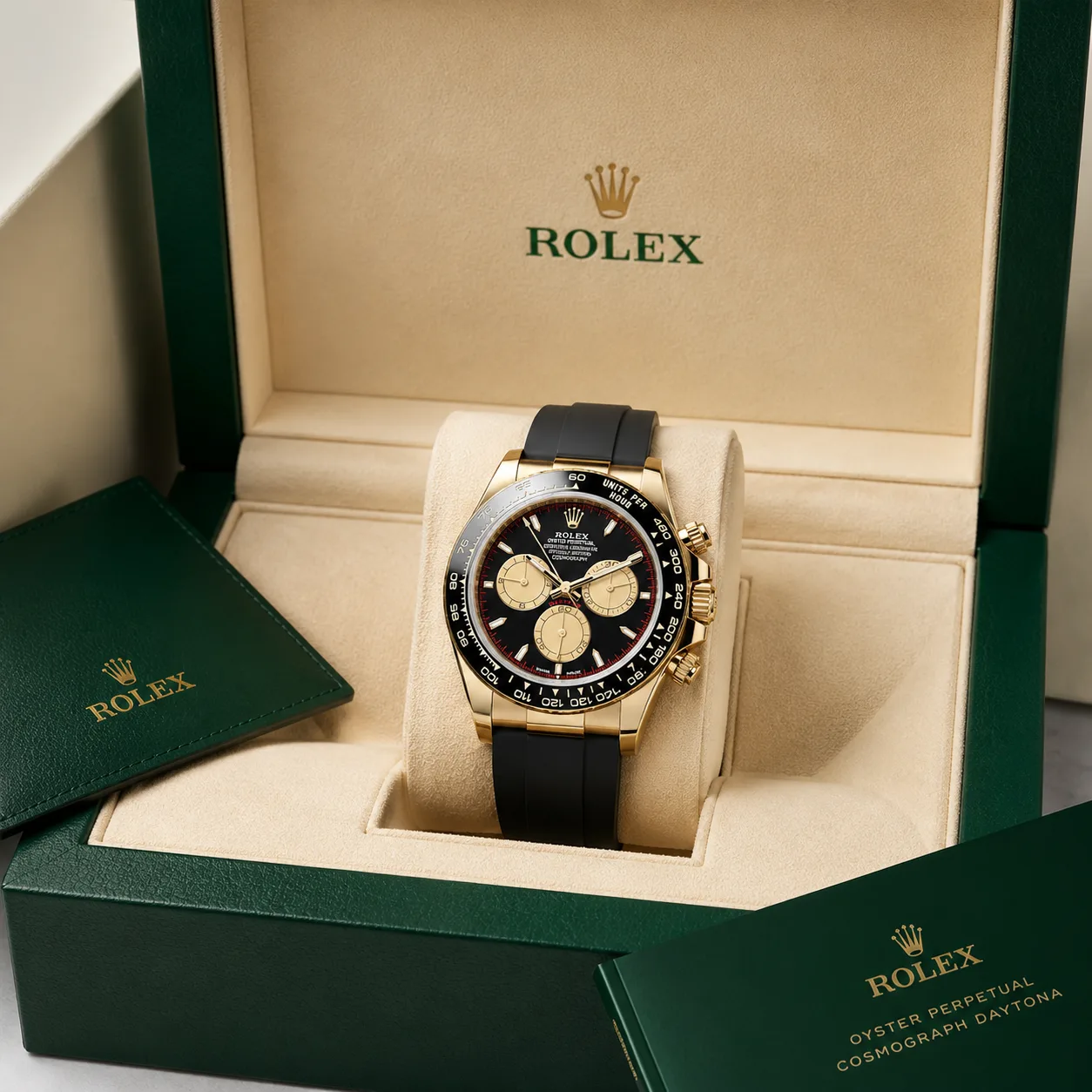 Rolex Cosmograph Daytona m126518ln-0004 40mm Calibre 4131 Black (Champagne sub-dials) / Black Cerachrom Bezel 18K Yellow Gold AI 头图 5 - 包装盒 [ai-shot:box-shot]