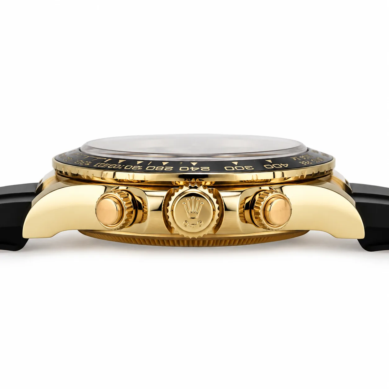 Rolex Cosmograph Daytona m126518ln-0004 40mm Calibre 4131 Black (Champagne sub-dials) / Black Cerachrom Bezel 18K Yellow Gold AI 头图 2 - 侧面细节 [ai-shot:side-detail]