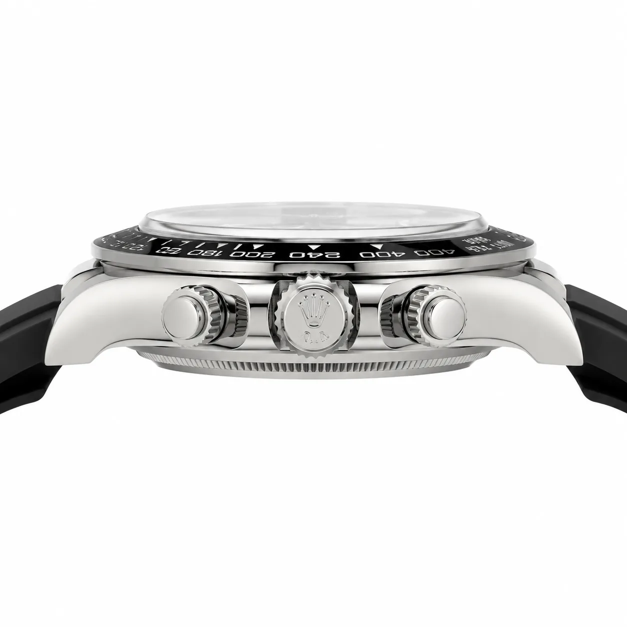 Rolex Cosmograph Daytona m126519ln-0002 40mm Calibre 4131 Black (Stainless Steel colored sub-dials) / Black Cerachrom Bezel 18K White Gold AI 头图 2 - 侧面细节 [ai-shot:side-detail]