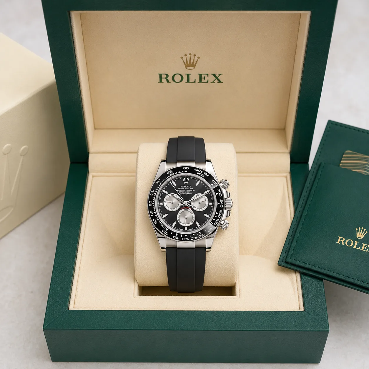 Rolex Cosmograph Daytona m126519ln-0002 40mm Calibre 4131 Black (Stainless Steel colored sub-dials) / Black Cerachrom Bezel 18K White Gold AI 头图 5 - 包装盒 [ai-shot:box-shot]