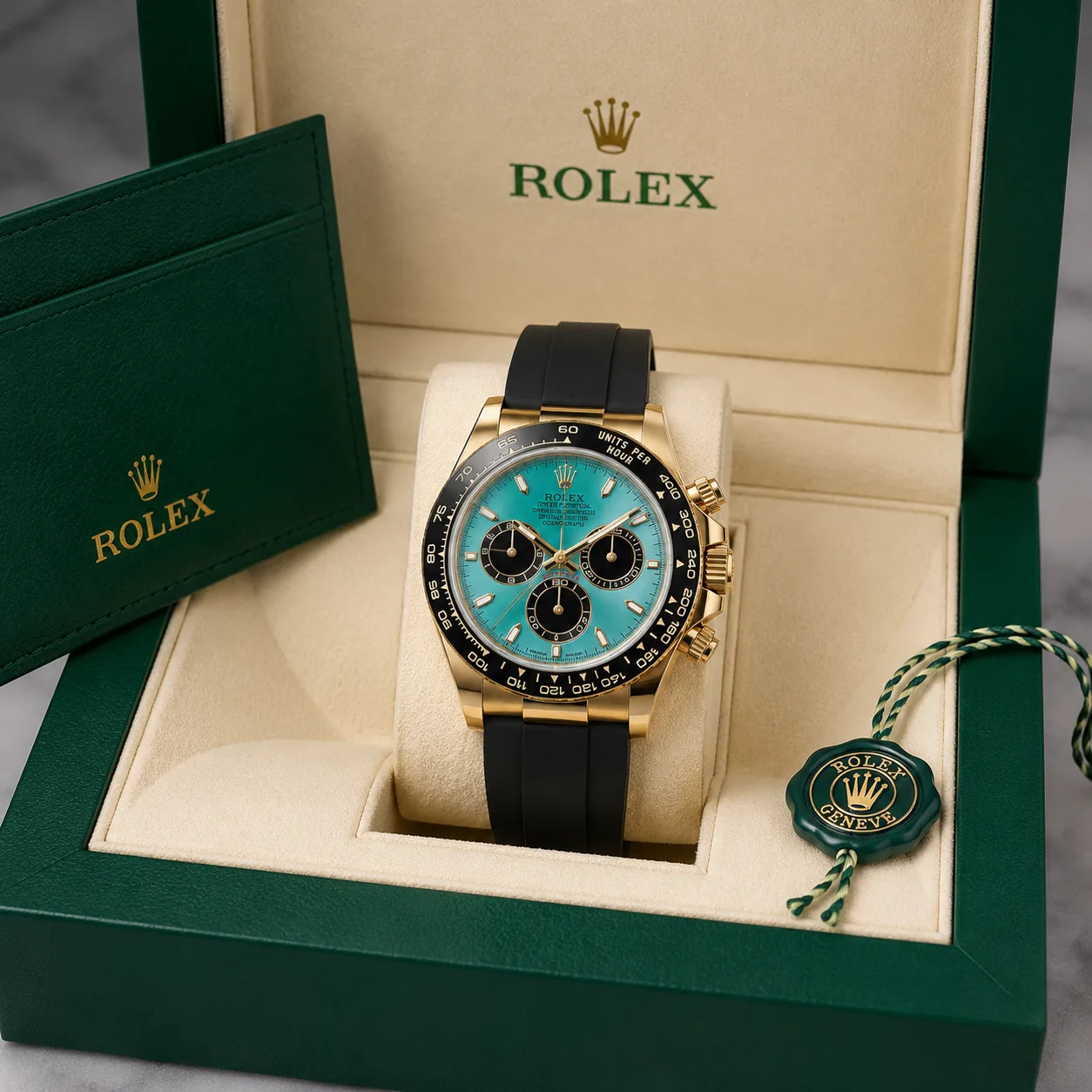Rolex Cosmograph Daytona m126518ln-0008 40mm Calibre 4131 Turquoise (Black sub-dials) / Black Cerachrom Bezel 18K Yellow Gold AI 头图 5 - 包装盒 [ai-shot:box-shot]