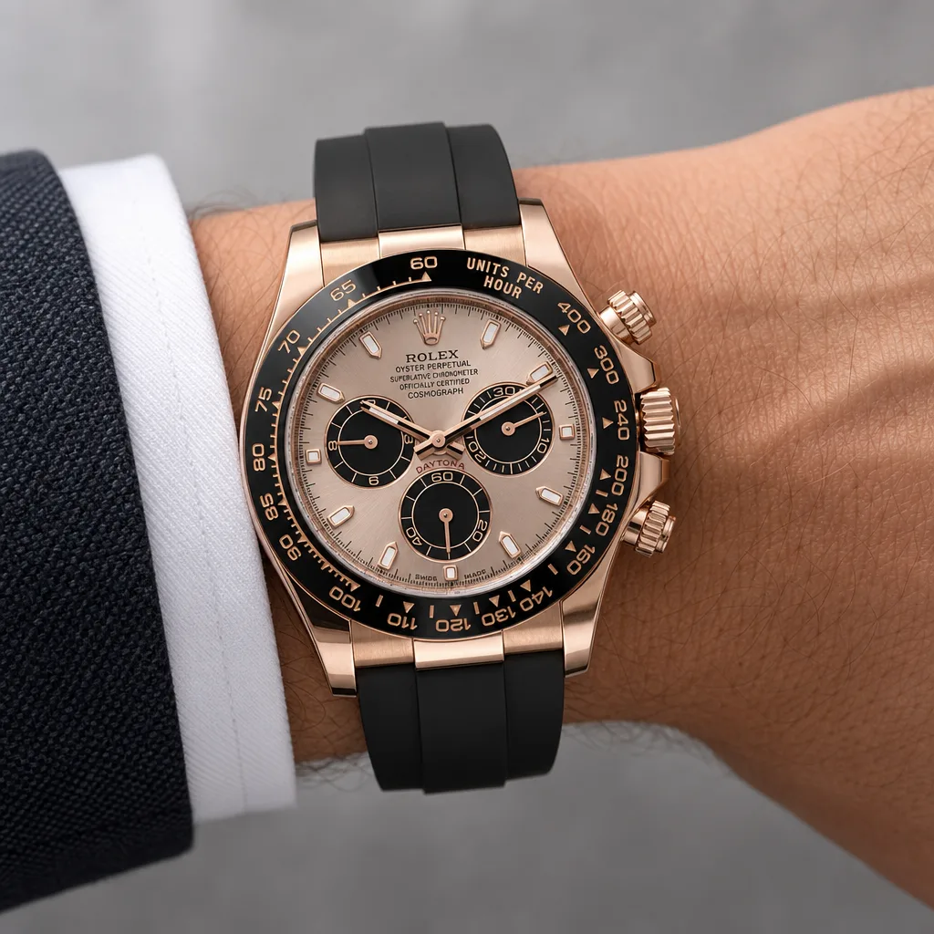 Rolex Cosmograph Daytona m116515ln-0059 40mm Calibre 4130 Pink / Black Cerachrom Bezel 18K Everose Gold AI 头图 4 - 佩戴图 [ai-shot:wrist-shot]