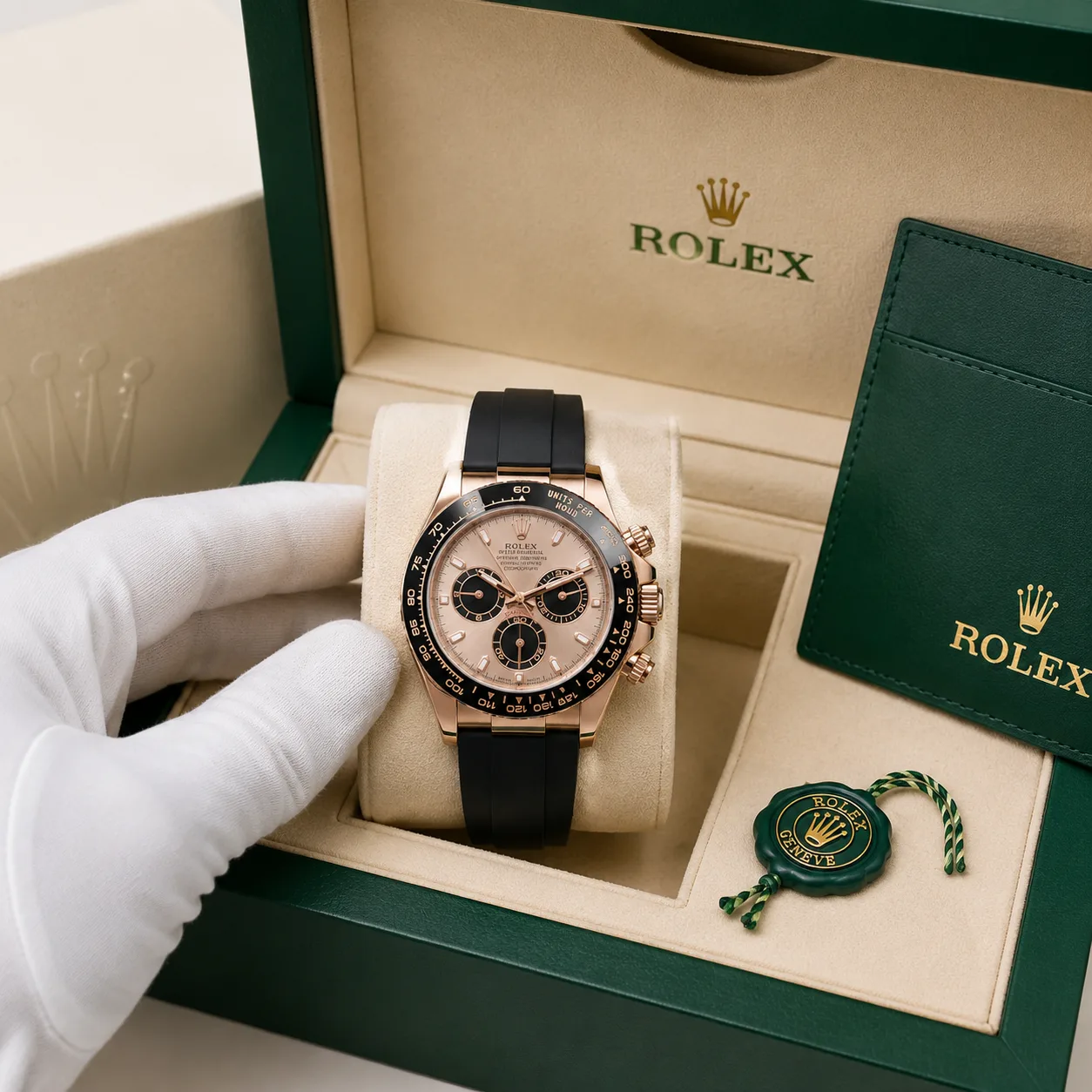 Rolex Cosmograph Daytona m116515ln-0059 40mm Calibre 4130 Pink / Black Cerachrom Bezel 18K Everose Gold AI 头图 5 - 包装盒 [ai-shot:box-shot]