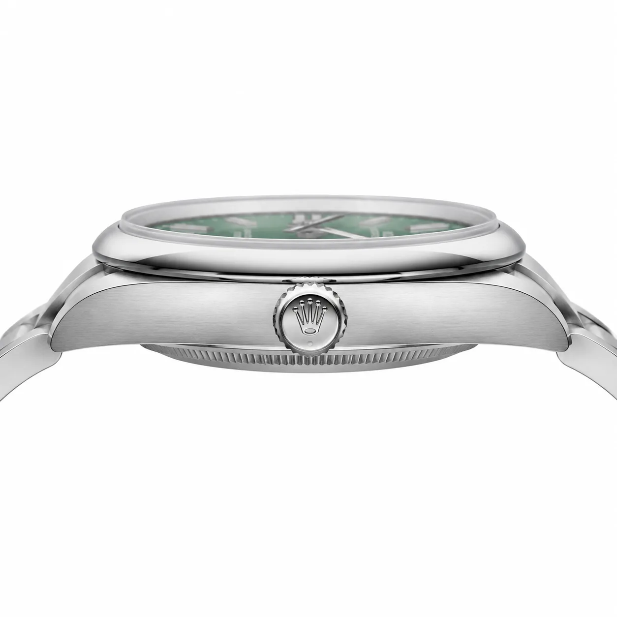 Rolex Oyster Perpetual m134300-0004 41mm Calibre 3230 Green / Smooth Oystersteel Bezel 904L Stainless Steel AI 头图 2 - 侧面细节 [ai-shot:side-detail]
