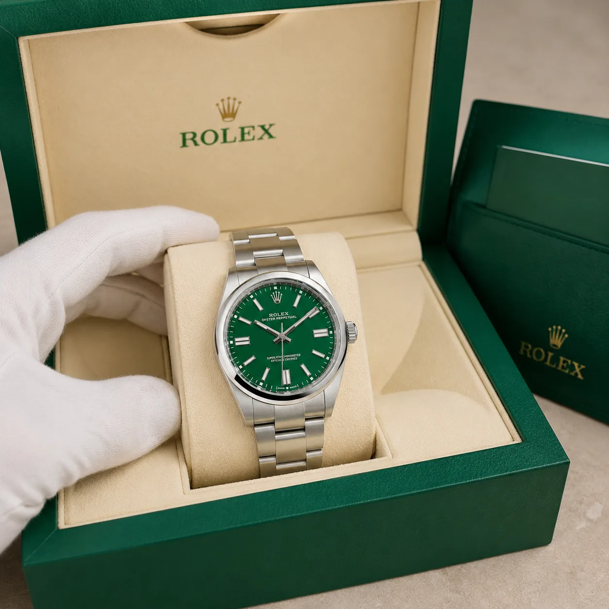 Rolex Oyster Perpetual m134300-0004 41mm Calibre 3230 Green / Smooth Oystersteel Bezel 904L Stainless Steel AI 头图 5 - 包装盒 [ai-shot:box-shot]