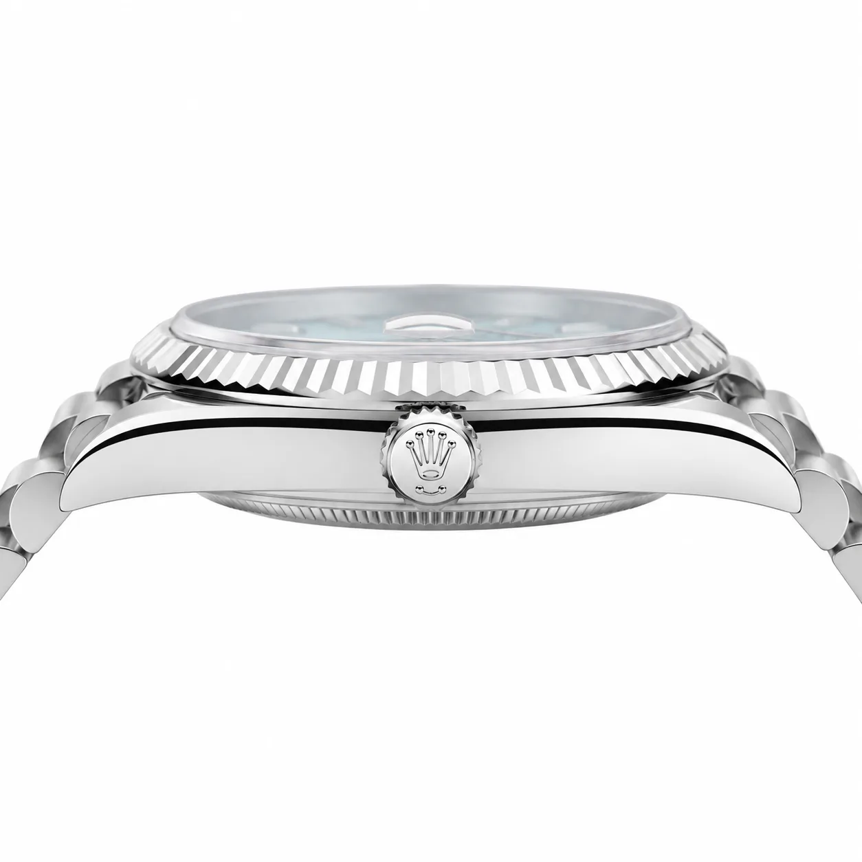 Rolex Day-Date m228236-0006 40mm Calibre 3255 Ice Blue (Diamond hour markers) / Platinum Fluted Bezel 950 Platinum AI 头图 2 - 侧面细节 [ai-shot:side-detail]