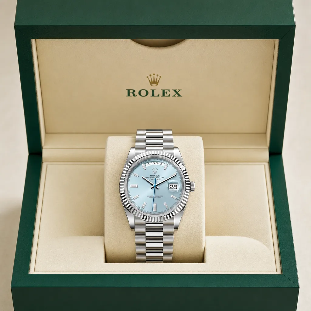 Rolex Day-Date m228236-0006 40mm Calibre 3255 Ice Blue (Diamond hour markers) / Platinum Fluted Bezel 950 Platinum AI 头图 5 - 包装盒 [ai-shot:box-shot]