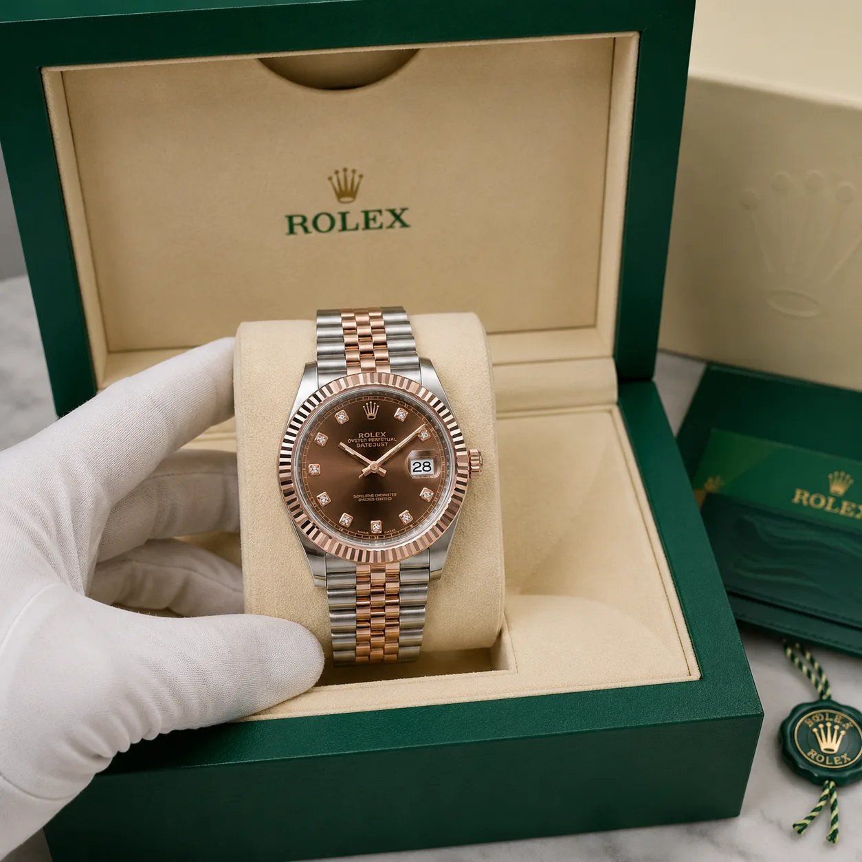 Rolex Datejust m126331-0004 41mm Calibre 3235 Chocolate (Diamond hour markers) / Everose Gold Fluted Bezel 904L Stainless Steel and 18K Everose Gold AI 头图 5 - 包装盒 [ai-shot:box-shot]