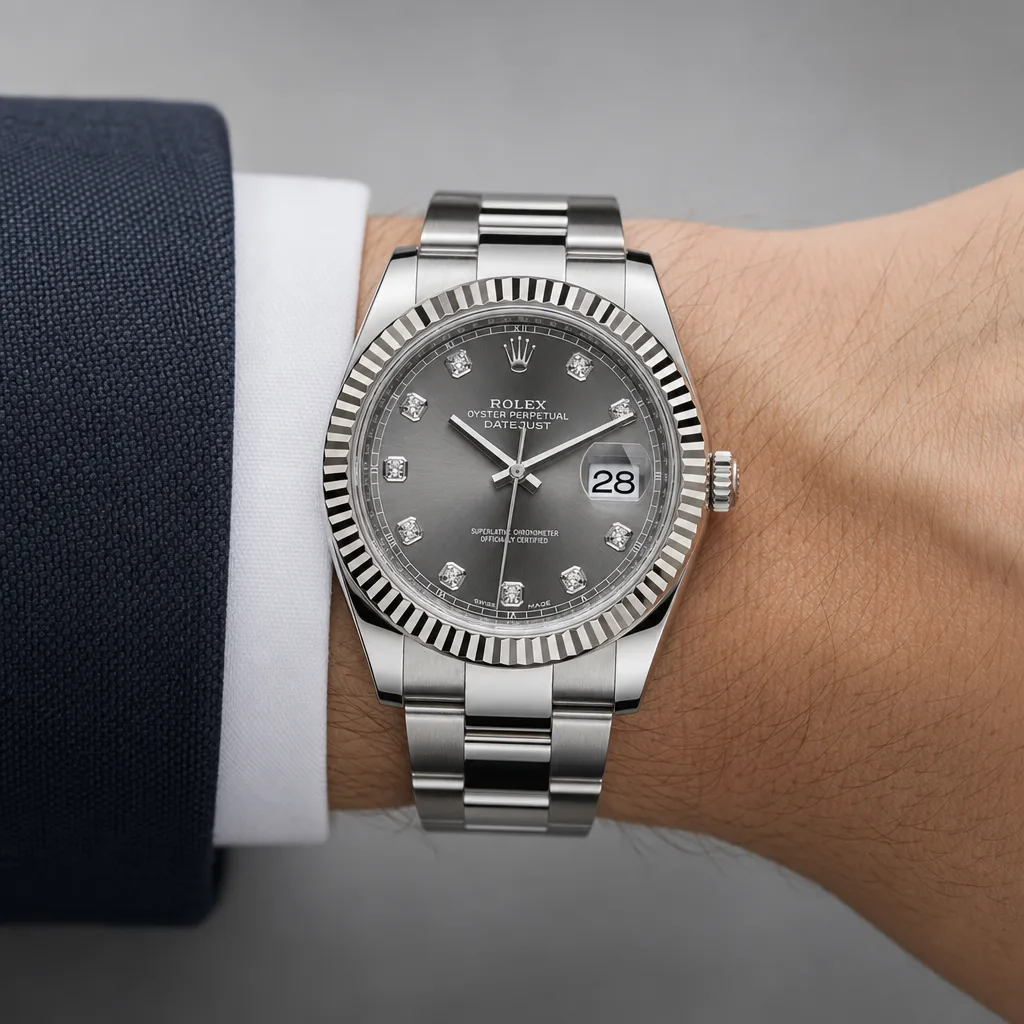 Rolex Datejust m126334-0005 41mm Calibre 3235 Slate Grey (Diamond hour markers) / White Gold Fluted Bezel 904L Stainless Steel and 18K White Gold AI 头图 4 - 佩戴图 [ai-shot:wrist-shot]