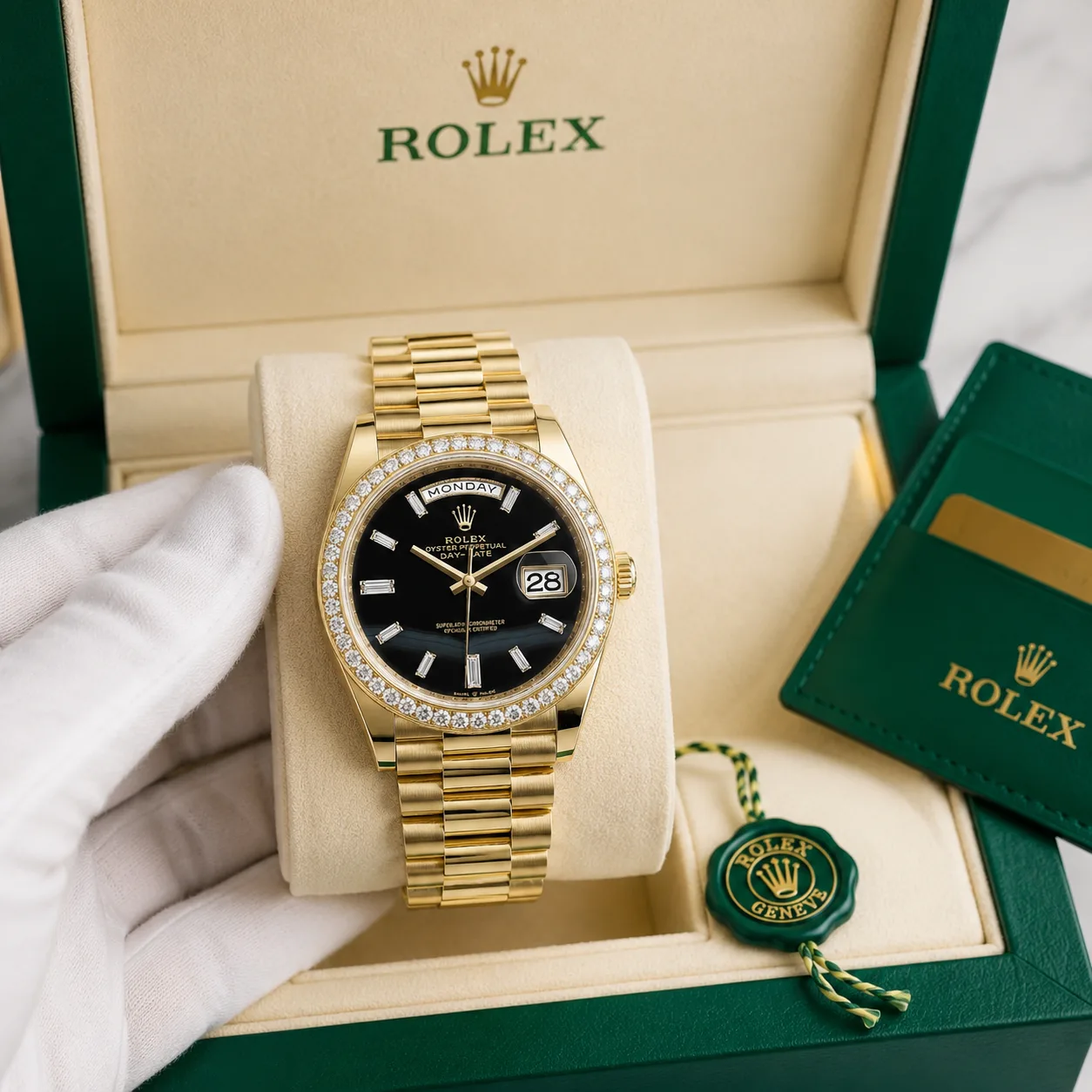 Rolex Day-Date m228348rbr-0039 40mm Calibre 3255 Black Onyx (Diamond hour markers) / Diamond-set Bezel 18K Yellow Gold AI 头图 5 - 包装盒 [ai-shot:box-shot]