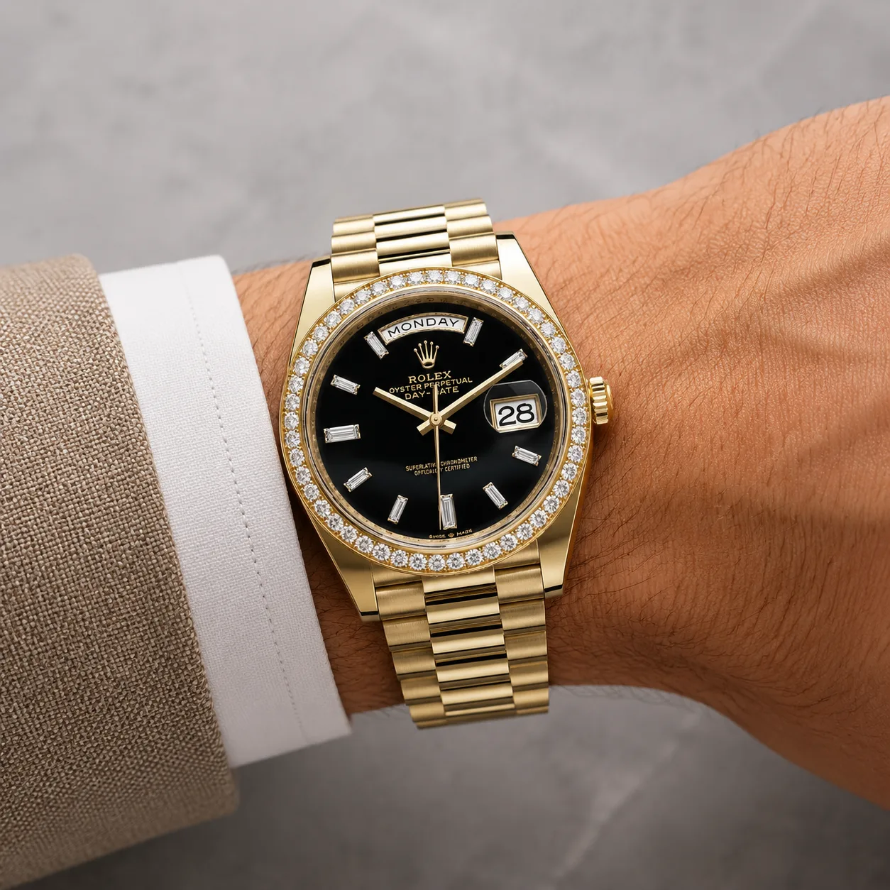 Rolex Day-Date m228348rbr-0039 40mm Calibre 3255 Black Onyx (Diamond hour markers) / Diamond-set Bezel 18K Yellow Gold AI 头图 4 - 佩戴图 [ai-shot:wrist-shot]