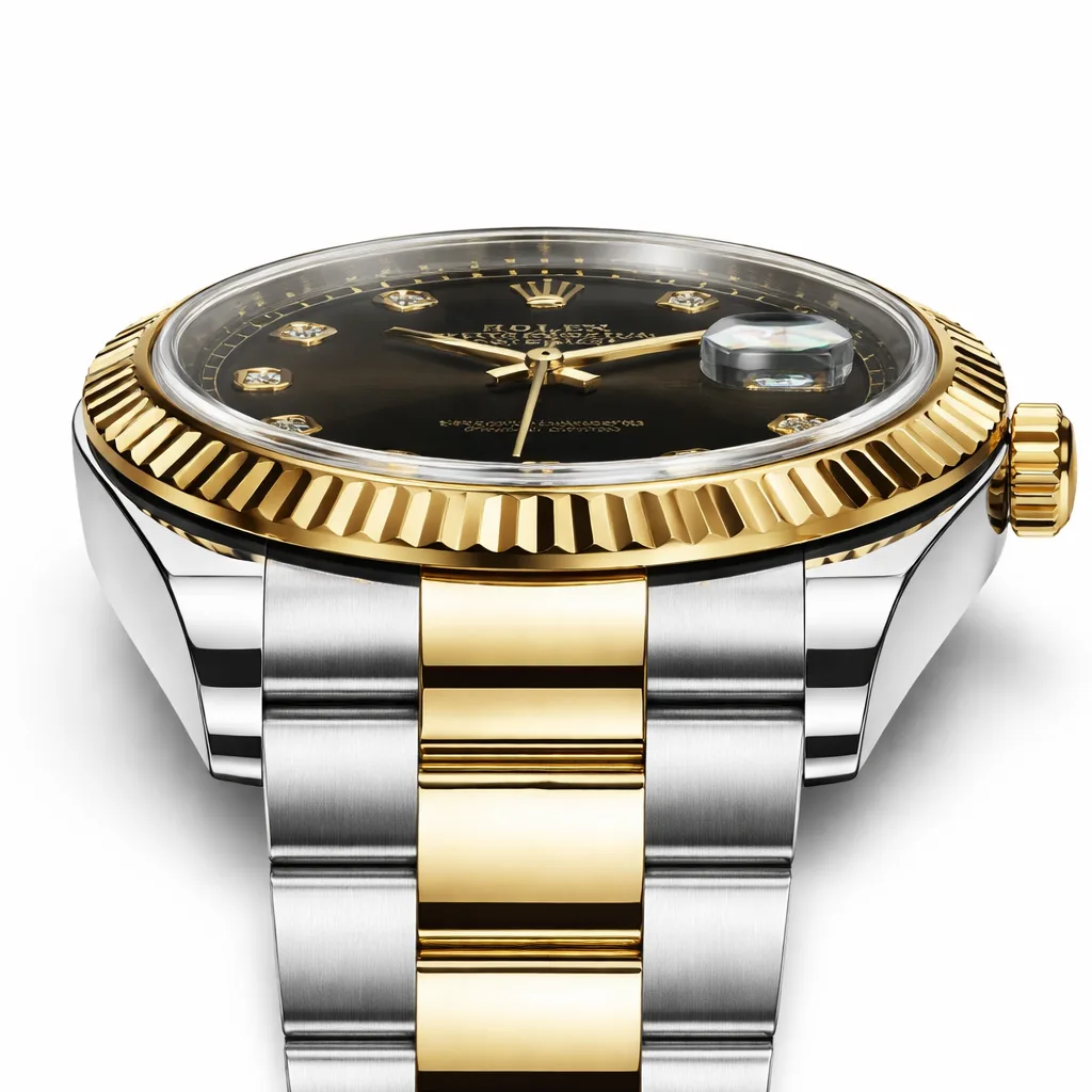 Rolex Datejust m126333-0005 41mm Calibre 3235 Black (Diamond hour markers) / 18K Yellow Gold Fluted Bezel 904L Stainless Steel and 18K Yellow Gold AI 头图 2 - 侧面细节 [ai-shot:side-detail]