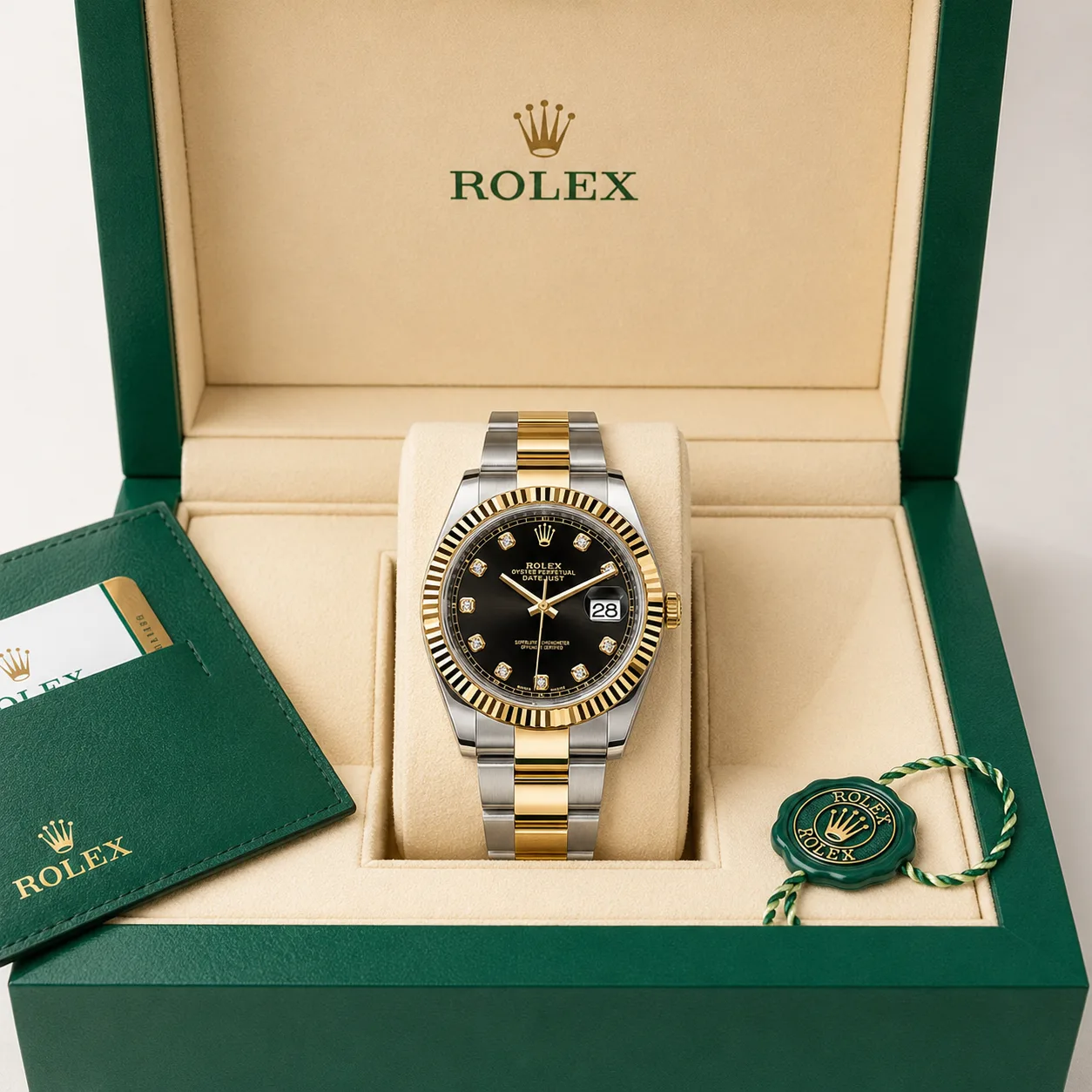 Rolex Datejust m126333-0005 41mm Calibre 3235 Black (Diamond hour markers) / 18K Yellow Gold Fluted Bezel 904L Stainless Steel and 18K Yellow Gold AI 头图 5 - 包装盒 [ai-shot:box-shot]