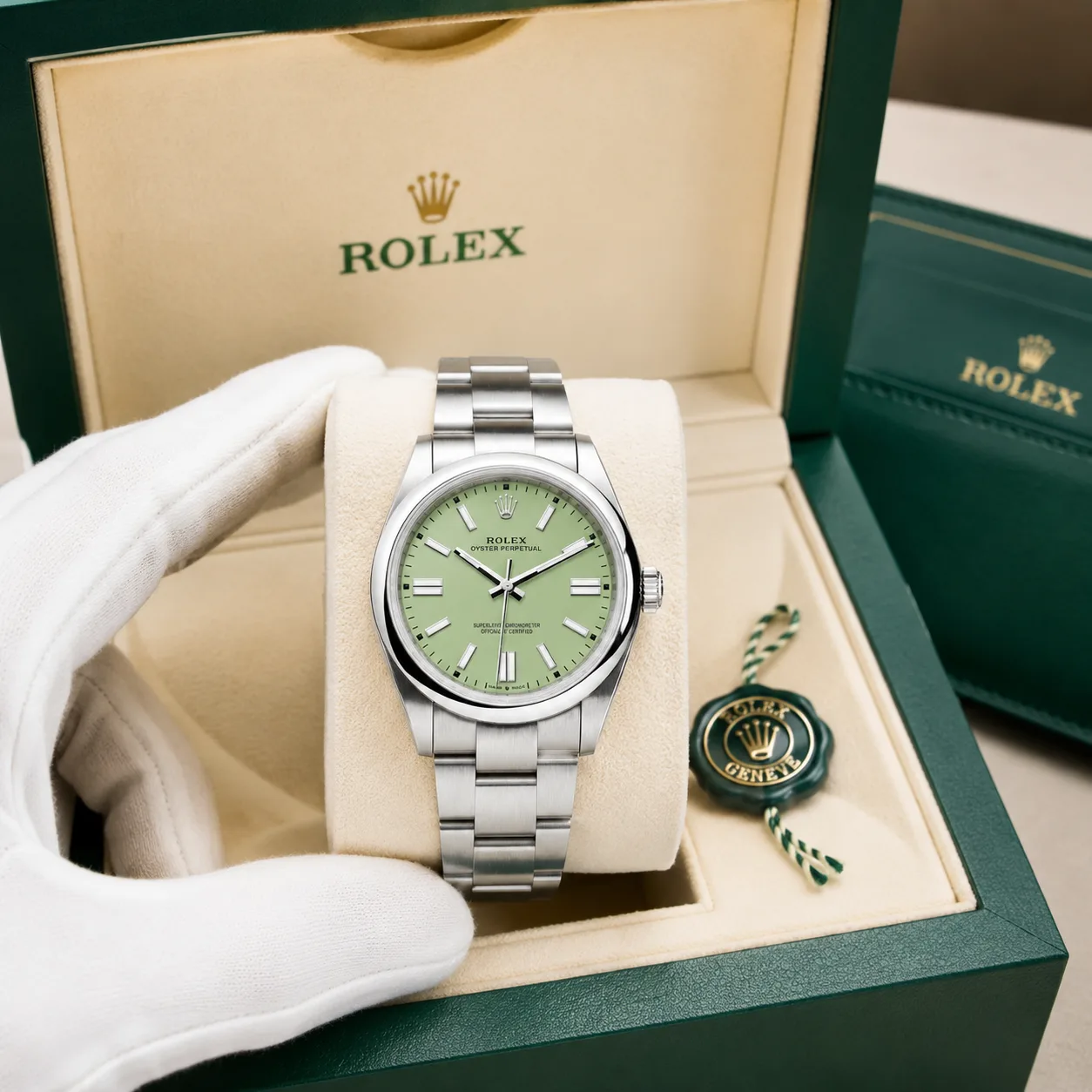 Rolex Oyster Perpetual m134300-0006 41mm Calibre 3230 Pistachio Green / Polished Oystersteel Dome Bezel 904L Stainless Steel AI 头图 5 - 包装盒 [ai-shot:box-shot]