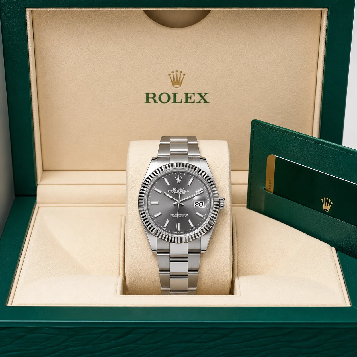 Rolex Datejust m126334-0013 41mm Calibre 3235 Slate Grey (Stick hour markers) / White Gold Fluted Bezel 904L Stainless Steel and 18K White Gold AI 头图 5 - 包装盒 [ai-shot:box-shot]