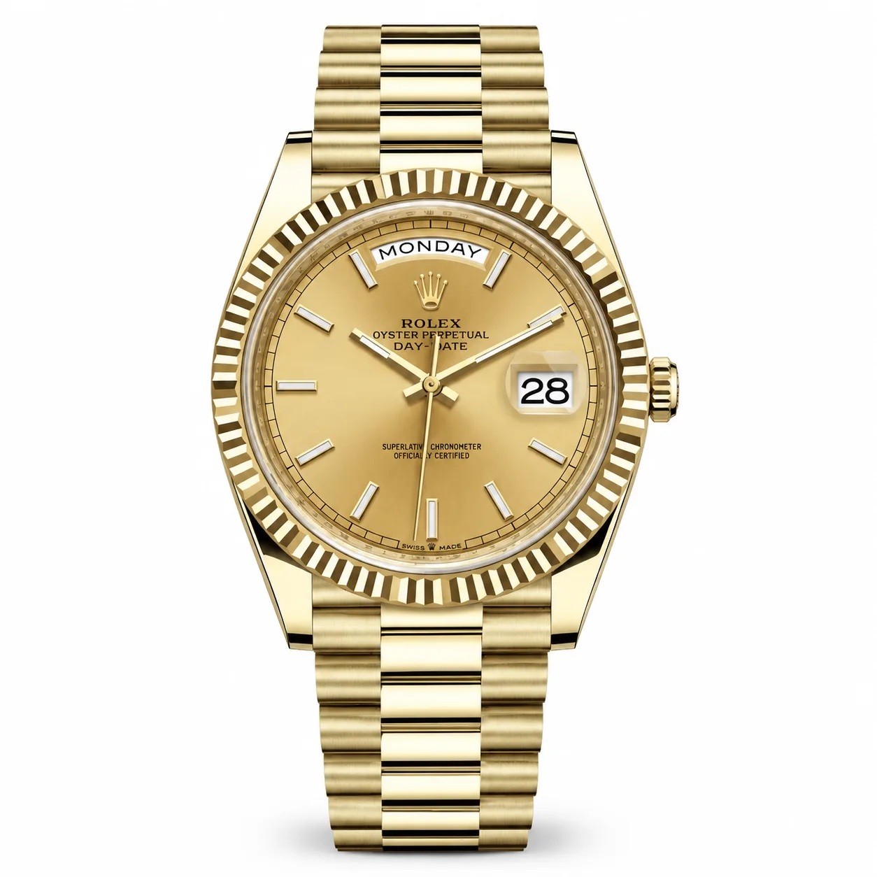 Rolex Day-Date m228238-0003 40mm Calibre 3255 Champagne (Stick hour markers) / Fluted Bezel 18K Yellow Gold AI 头图 1 - 白底全貌 [ai-shot:full-white]
