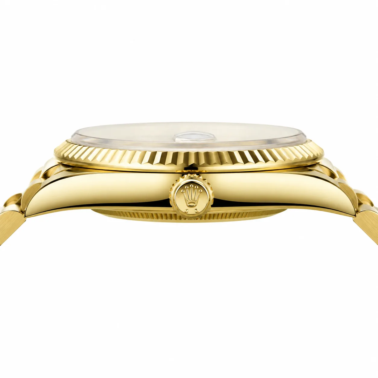 Rolex Day-Date m228238-0003 40mm Calibre 3255 Champagne (Stick hour markers) / Fluted Bezel 18K Yellow Gold AI 头图 2 - 侧面细节 [ai-shot:side-detail]