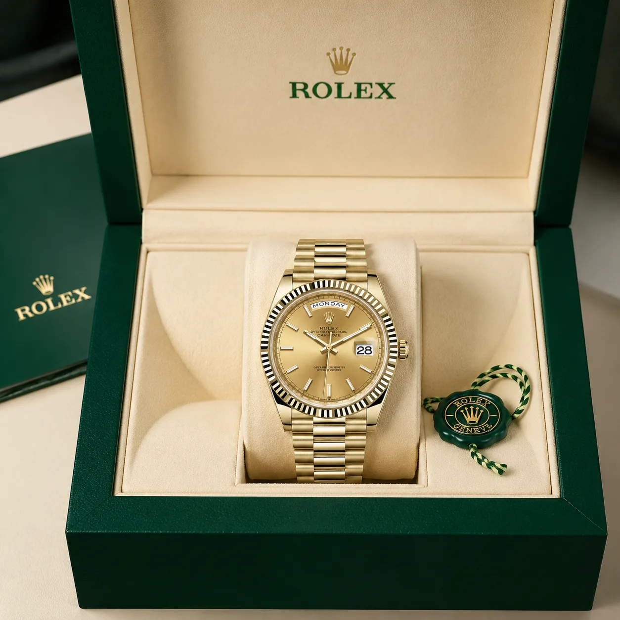 Rolex Day-Date m228238-0003 40mm Calibre 3255 Champagne (Stick hour markers) / Fluted Bezel 18K Yellow Gold AI 头图 5 - 包装盒 [ai-shot:box-shot]